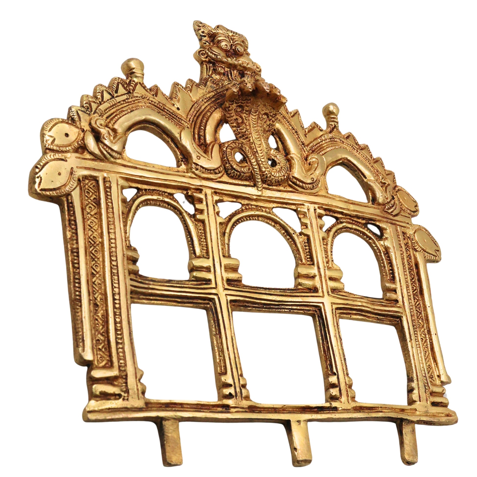 Brass Prabhavali Makara Torana Arch (Prabha Valli / Prabhamandala) Peetal Pital Pittalai Temple Idol Back Aureole Frame for Murti Vigraha Pooja Mandir Decor, Gold, 10.5 Inch, 1 Piece
