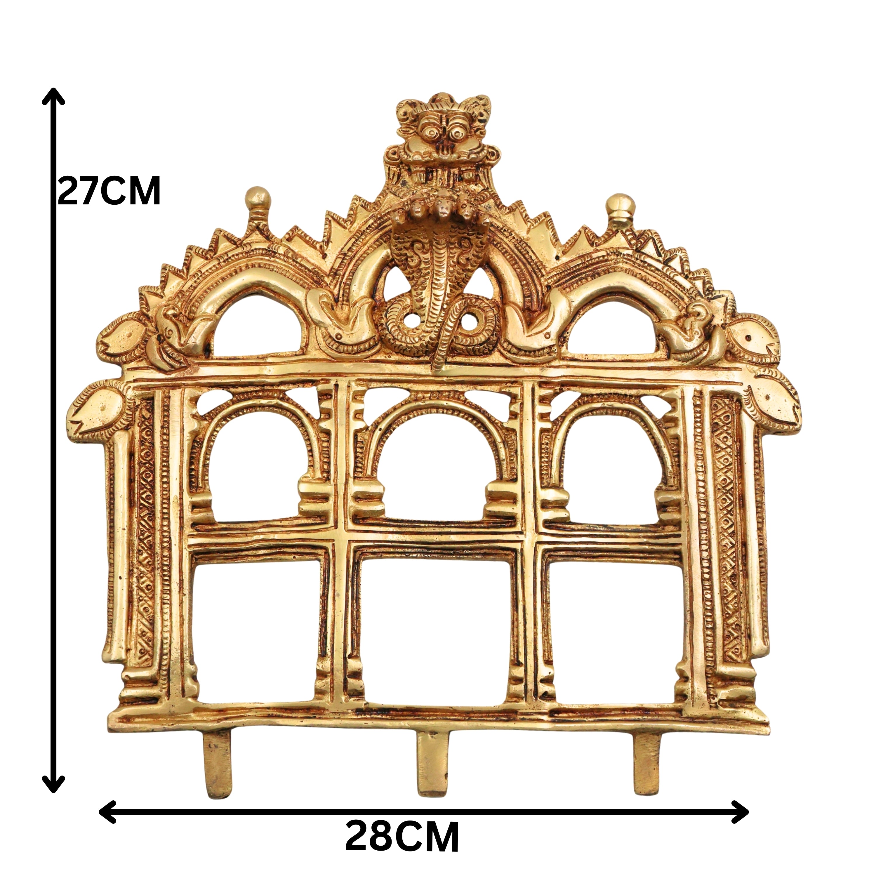 Brass Prabhavali Makara Torana Arch (Prabha Valli / Prabhamandala) Peetal Pital Pittalai Temple Idol Back Aureole Frame for Murti Vigraha Pooja Mandir Decor, Gold, 10.5 Inch, 1 Piece
