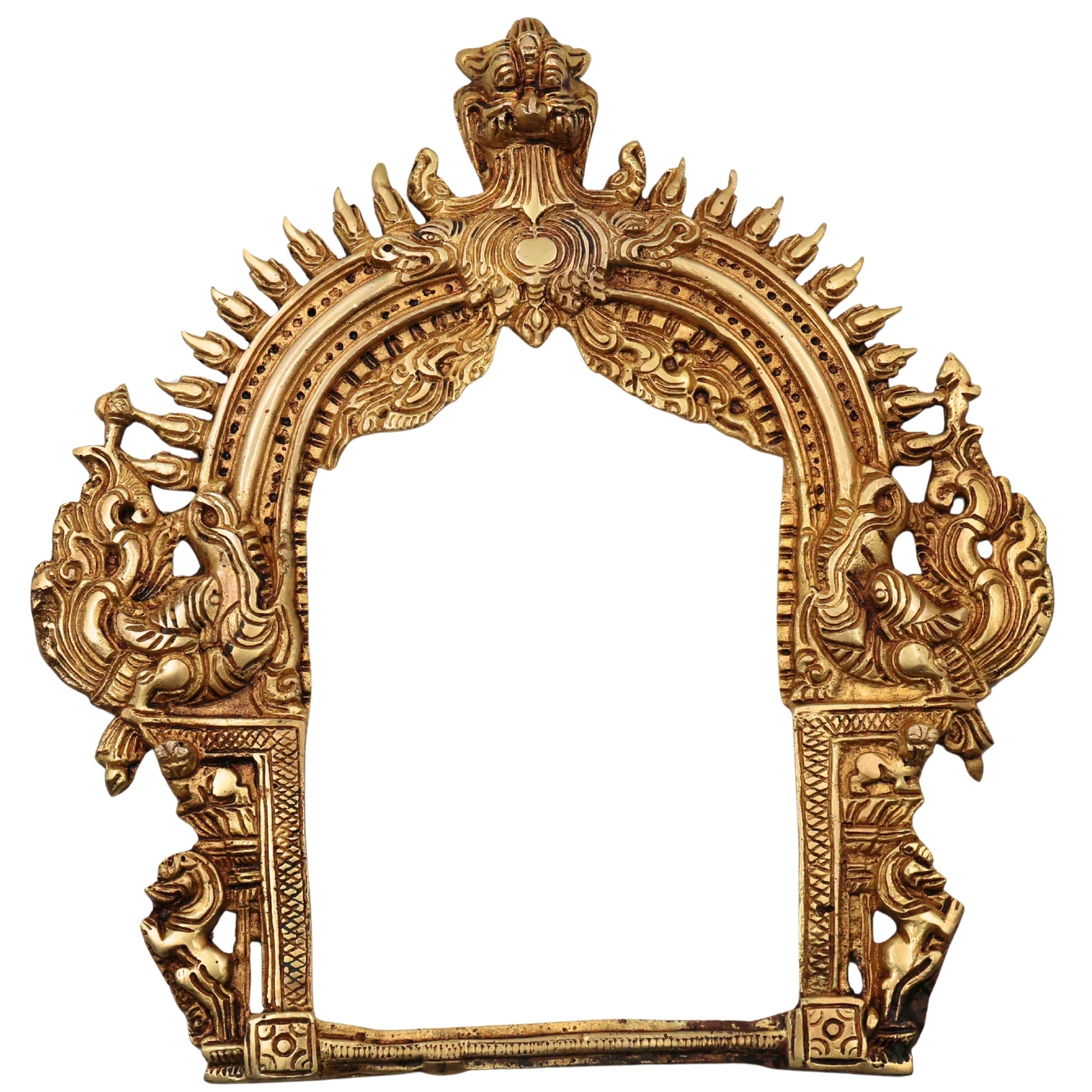 Brass Prabhavali Arch Peetal Prabha Mandala Makara Torana Prabhavalli Frame for Murti Vigraha Mandir Pooja Decor Traditional Temple Back Aureole, Gold, 12 Inch, 1 Piece