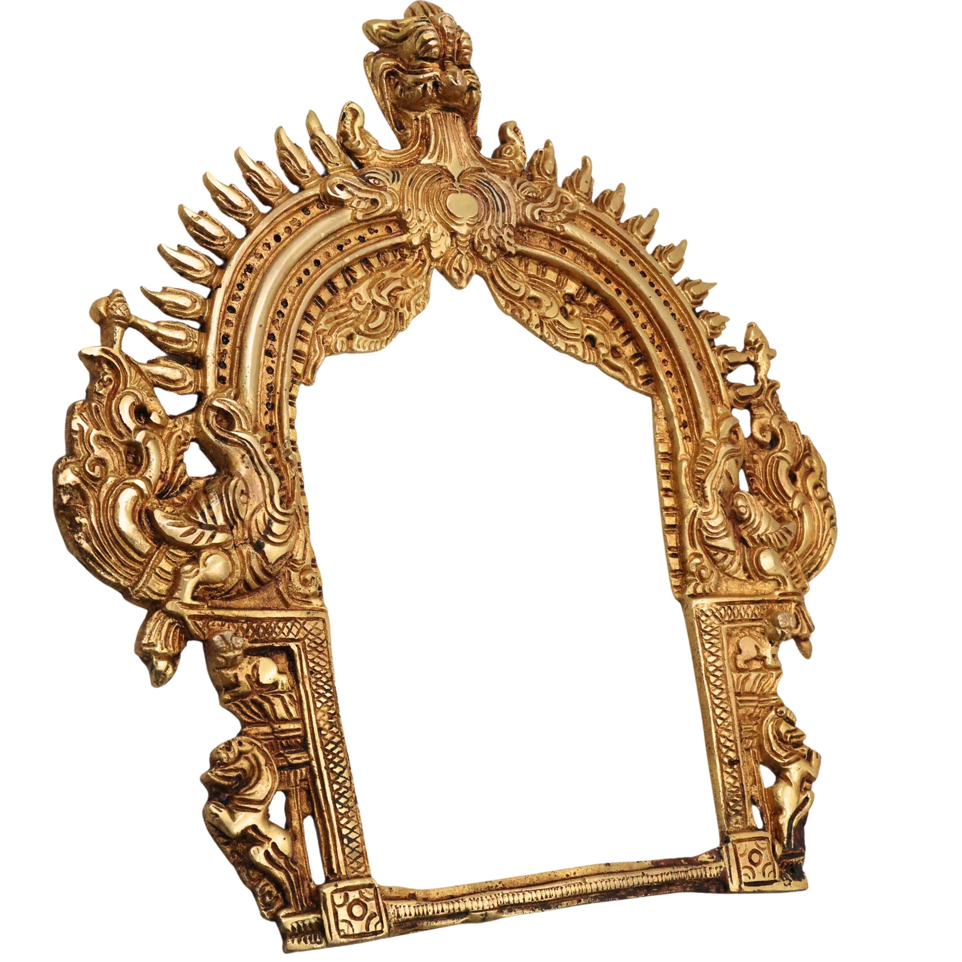Brass Prabhavali Arch Peetal Prabha Mandala Makara Torana Prabhavalli Frame for Murti Vigraha Mandir Pooja Decor Traditional Temple Back Aureole, Gold, 12 Inch, 1 Piece