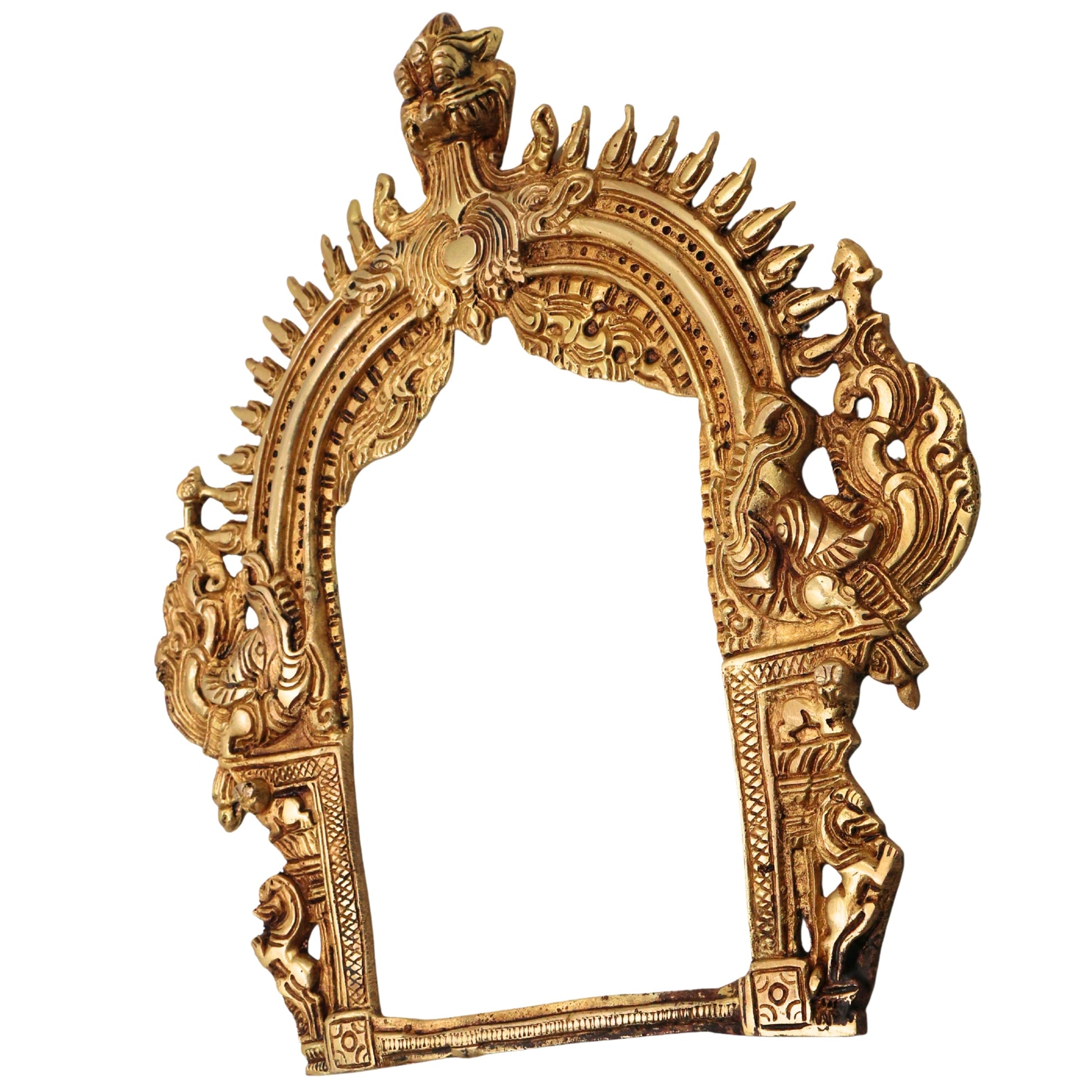Brass Prabhavali Arch Peetal Prabha Mandala Makara Torana Prabhavalli Frame for Murti Vigraha Mandir Pooja Decor Traditional Temple Back Aureole, Gold, 12 Inch, 1 Piece