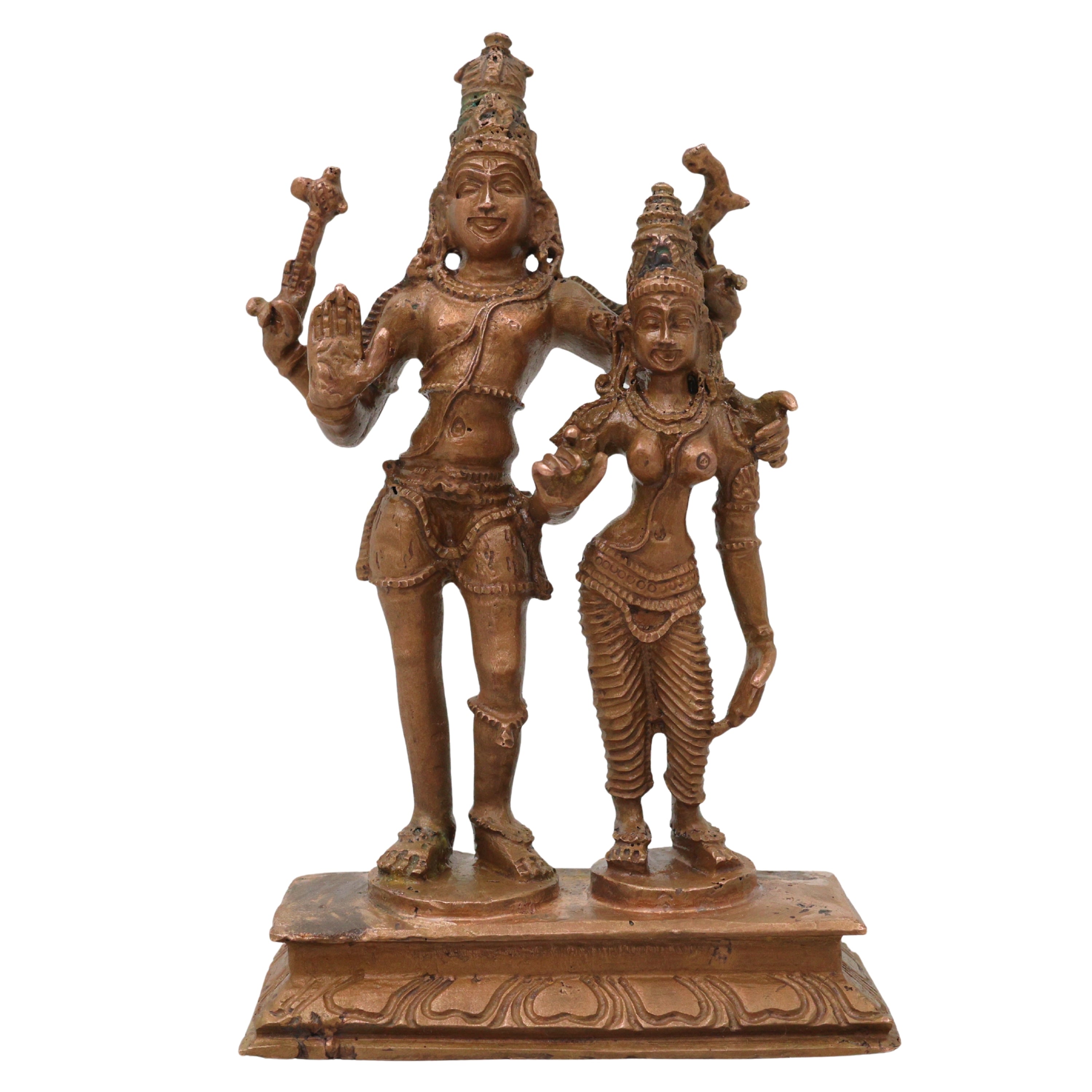 Bronze Shiva Parvati Idol, Uma Maheshwara Murti, Hara Gauri Gowri Shankara Vigraha, Panchaloha Style Shankar Parvati Statue for Home Mandir Decor, Brown, 4.5 Inch, 1 Piece