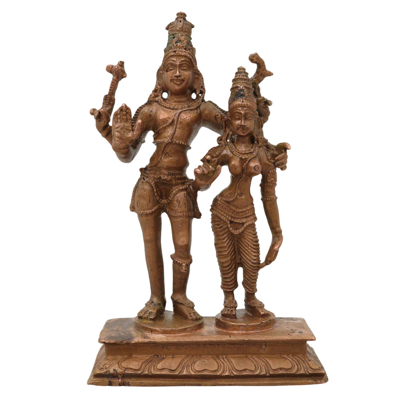 Bronze Shiva Parvati Idol, Uma Maheshwara Murti, Hara Gauri Gowri Shankara Vigraha, Panchaloha Style Shankar Parvati Statue for Home Mandir Decor, Brown, 4.5 Inch, 1 Piece