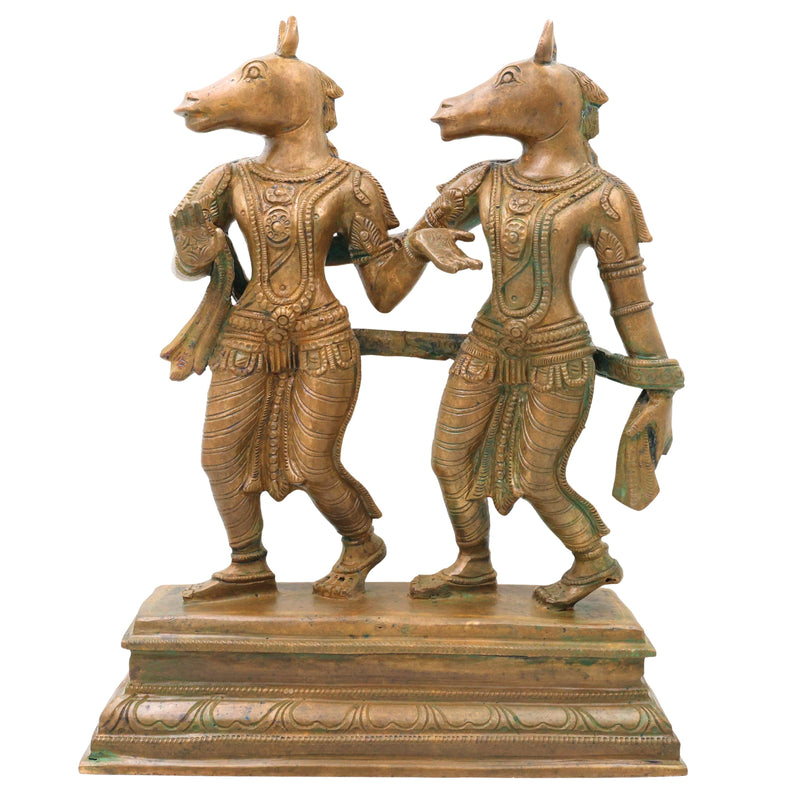 Bronze Ashwini Kumar Idol Ashvini Deva Murti Panchaloha Style Kanchu Kansya Vigraha South Indian Chola Art Handmade Temple Puja Statue, Brown, 13 Inch, 1 Piece