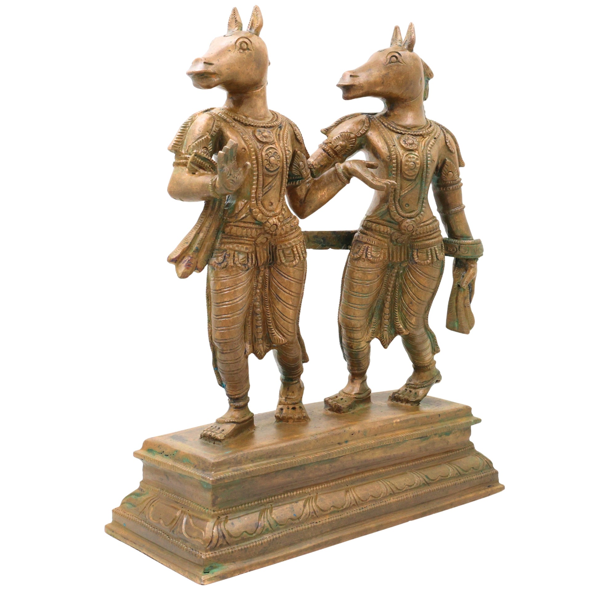 Bronze Ashwini Kumar Idol Ashvini Deva Murti Panchaloha Style Kanchu Kansya Vigraha South Indian Chola Art Handmade Temple Puja Statue, Brown, 13 Inch, 1 Piece