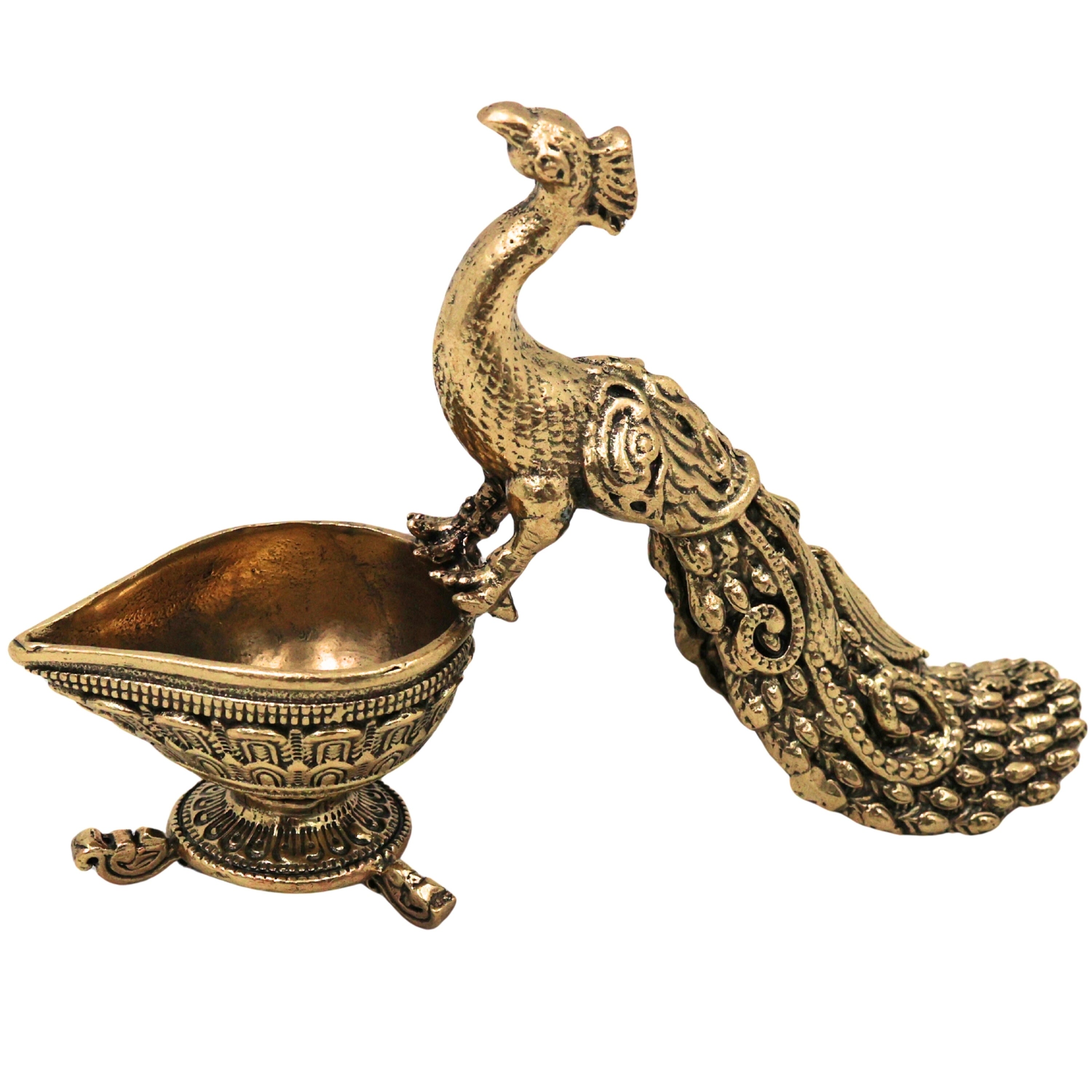 Brass Peacock Lamp Idol Mayil Vilakku Mayur Deepam Mor Diya Kuthu Vilakku Pital Peetal Hittale Traditional Temple Pooja Oil Deepak , Gold, 3 Inch, 1 Piece