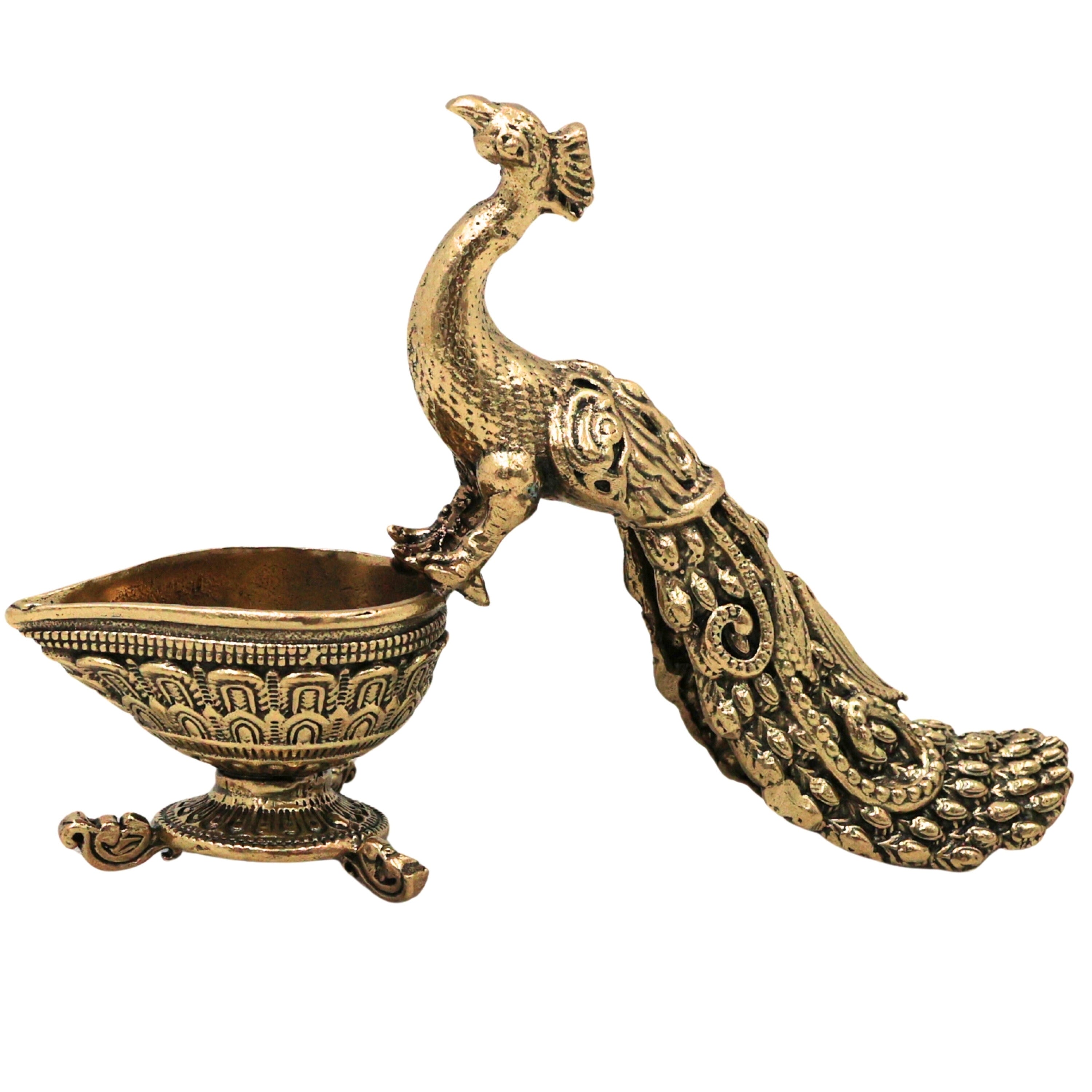 Brass Peacock Lamp Idol Mayil Vilakku Mayur Deepam Mor Diya Kuthu Vilakku Pital Peetal Hittale Traditional Temple Pooja Oil Deepak , Gold, 3 Inch, 1 Piece