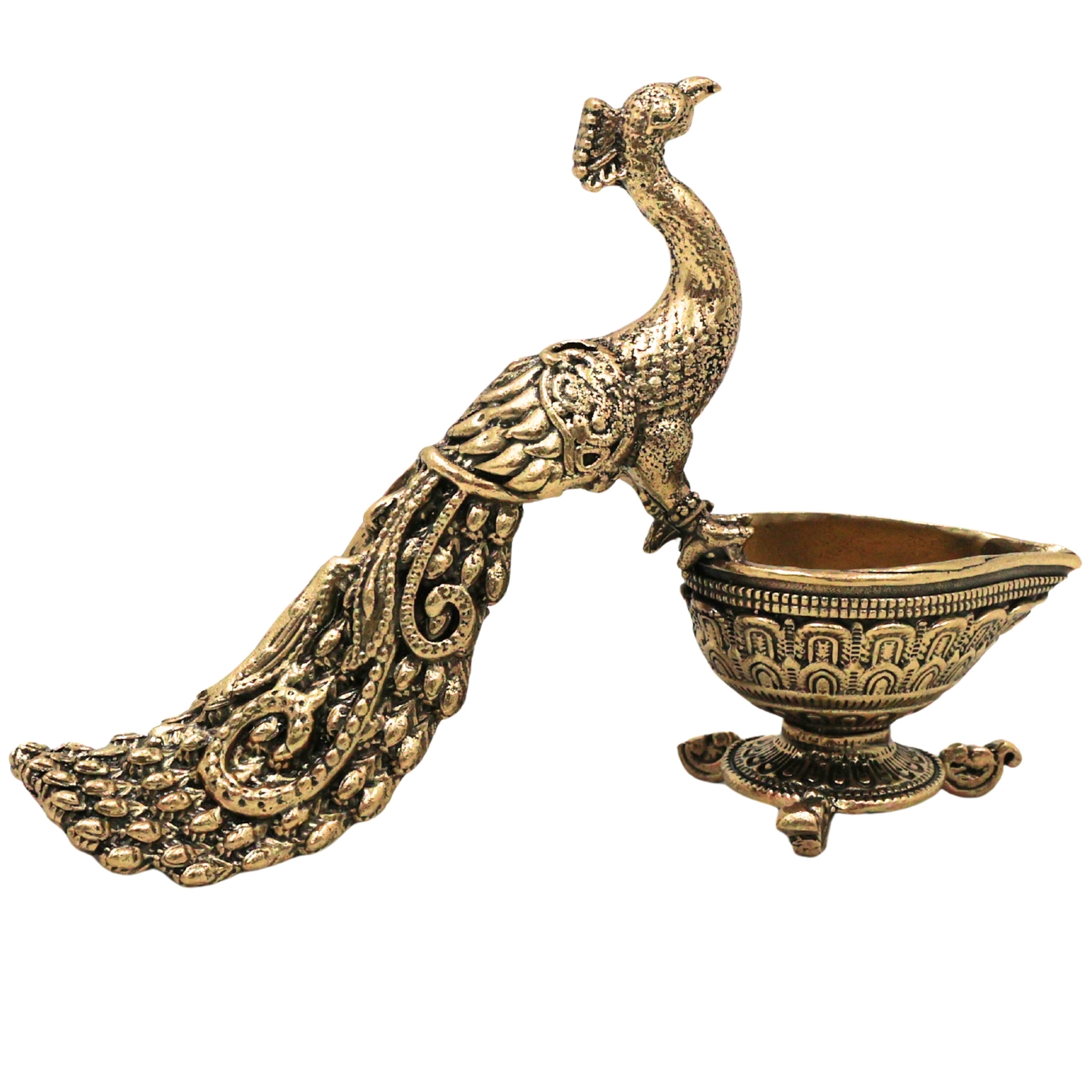 Brass Peacock Lamp Idol Mayil Vilakku Mayur Deepam Mor Diya Kuthu Vilakku Pital Peetal Hittale Traditional Temple Pooja Oil Deepak , Gold, 3 Inch, 1 Piece