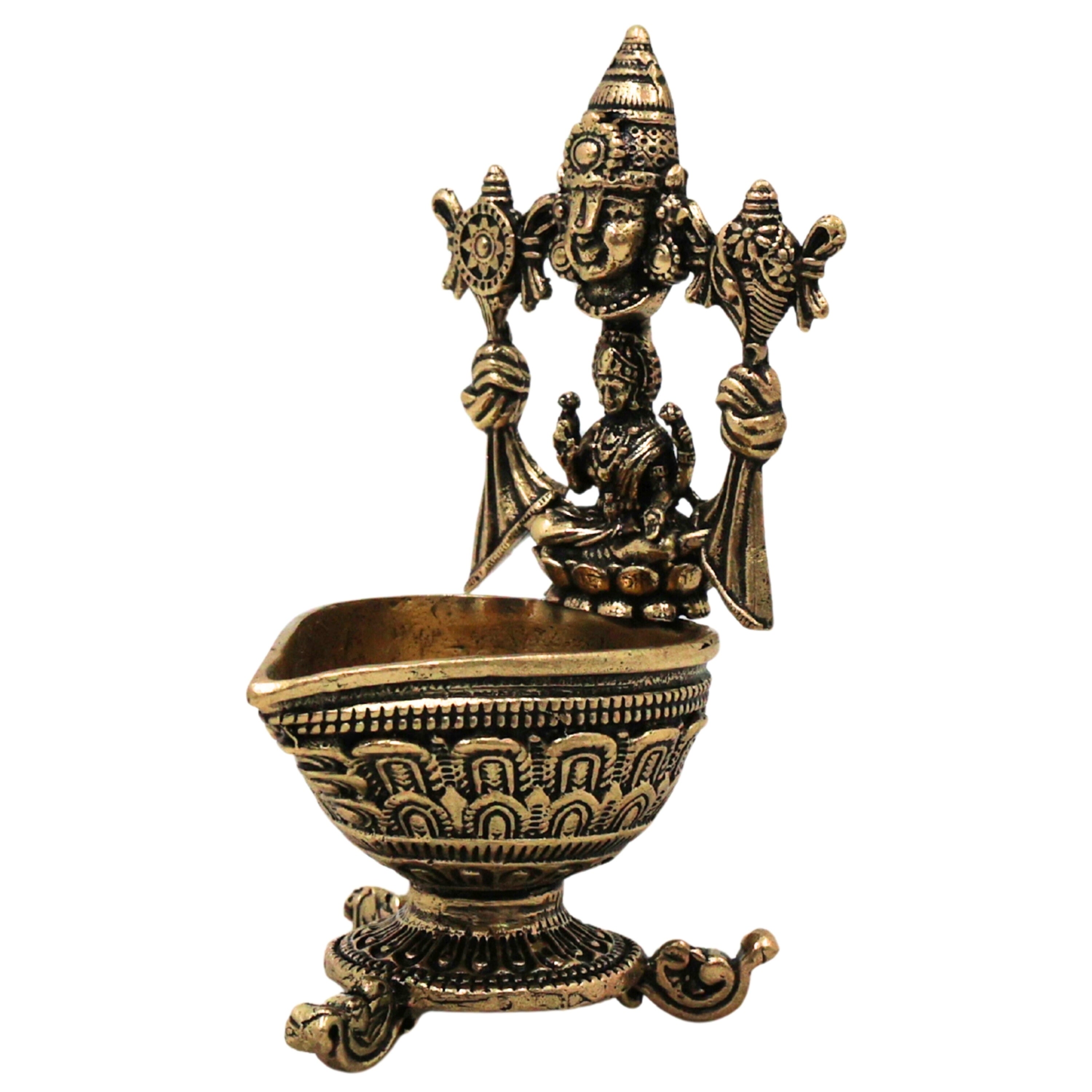 Brass Vishnu Lakshmi Lamp Lakshmi Narayan Deepam Vilakku Mahalakshmi Narayana Diya Peetal Pital Pittal Hittale Sacred Pooja Jyoti Mandir Oil Deep, Gold, 3 Inch, 1 Piece