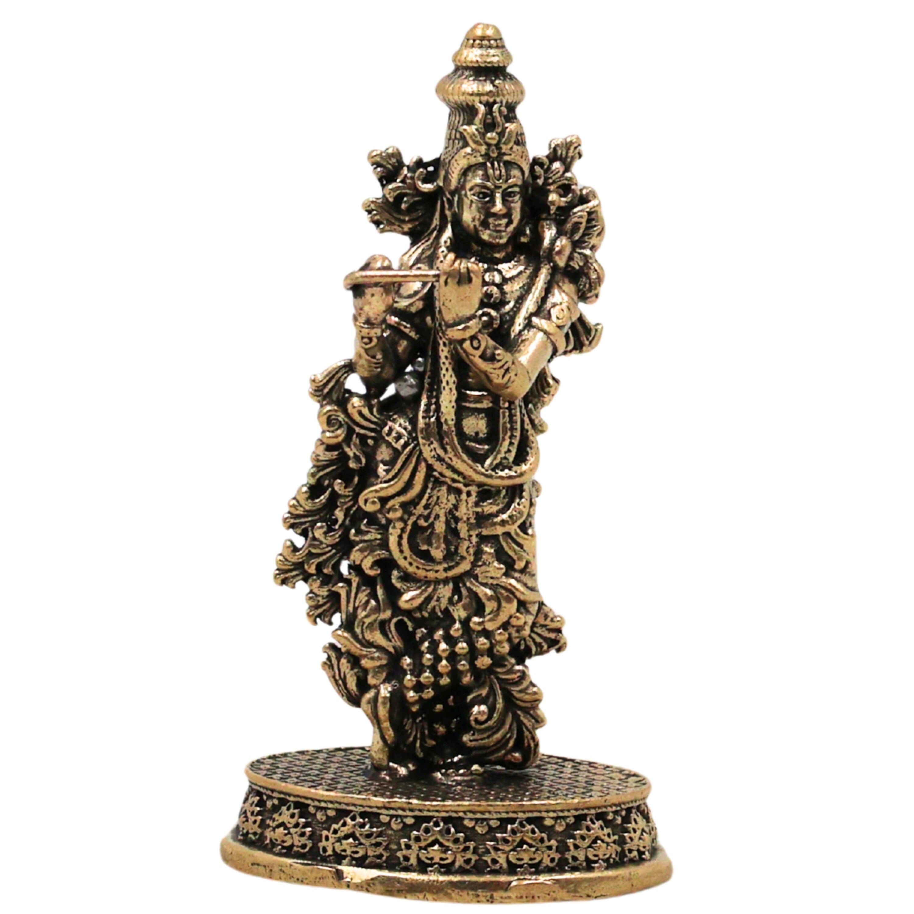 Brass Krishna Idol Bal Gopal Laddu Gopal Murti Peetal Kanhaiya Govinda Gopala Venugopala Bhagwan Vigraha Small Puja Moorti Home Temple Decor Gift Statue, Gold, 3 Inch, 1 Piece