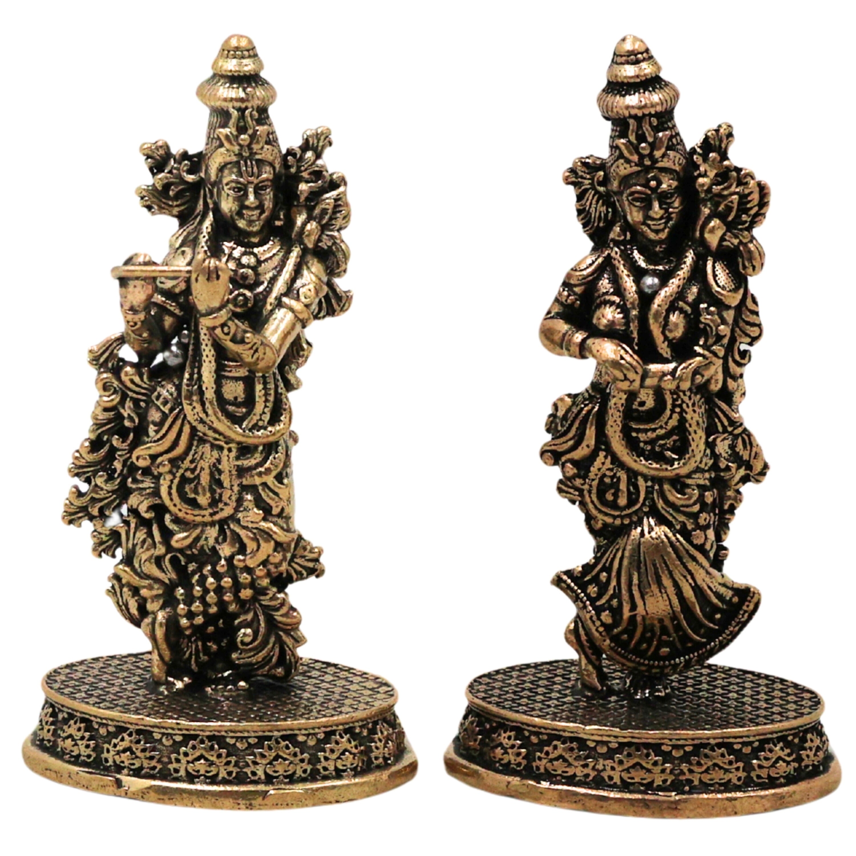 Brass Radha Krishna Idol Murti Peetal Radhe Shyam Radha Madhav Govinda Gopala Vigraha Moorti for Puja Mandir Home Decor Gift, Gold, 3 Inch, 1 Piece