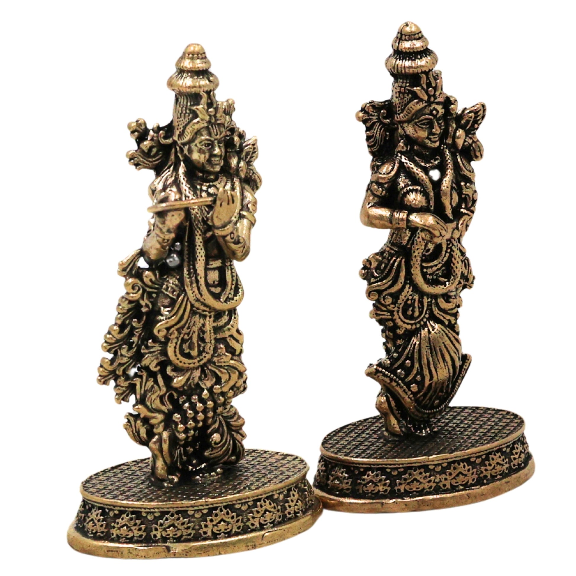 Brass Radha Krishna Idol Murti Peetal Radhe Shyam Radha Madhav Govinda Gopala Vigraha Moorti for Puja Mandir Home Decor Gift, Gold, 3 Inch, 1 Piece