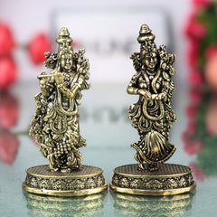 Brass Radha Krishna Idol Murti Peetal Radhe Shyam Radha Madhav Govinda Gopala Vigraha Moorti for Puja Mandir Home Decor Gift, Gold, 3 Inch, 1 Piece