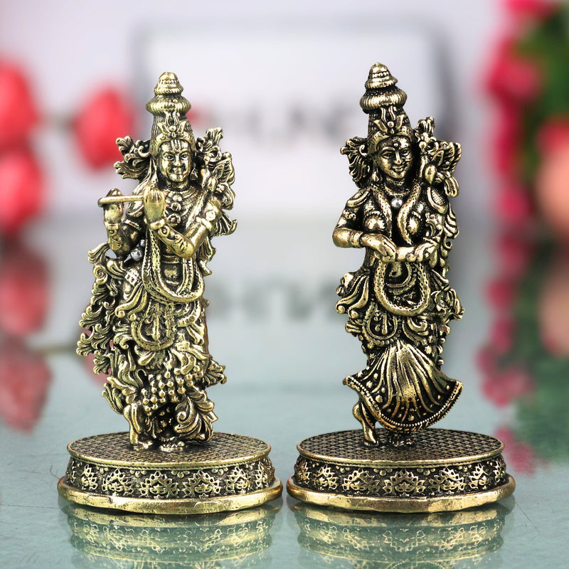 Brass Radha Krishna Idol Murti Peetal Radhe Shyam Radha Madhav Govinda Gopala Vigraha Moorti for Puja Mandir Home Decor Gift, Gold, 3 Inch, 1 Piece