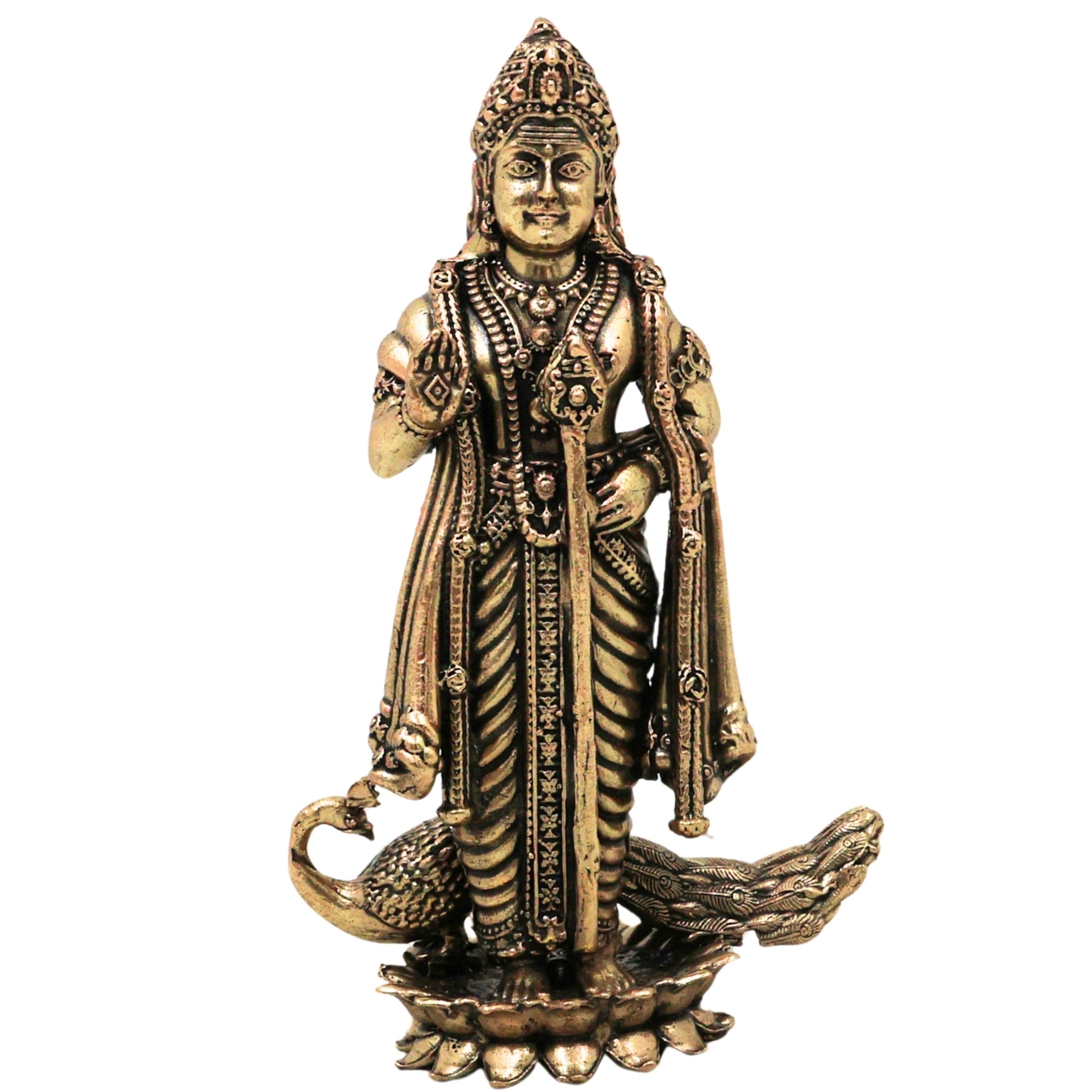 Brass Murugan Idol Kartikeya Skanda Subramanya Shanmukha Arumugam Saravana Vel Mayilvahanan Pital Peetal Murti for Puja Mandir Home Decor, Gold, 4.5 Inch, 1 Piece