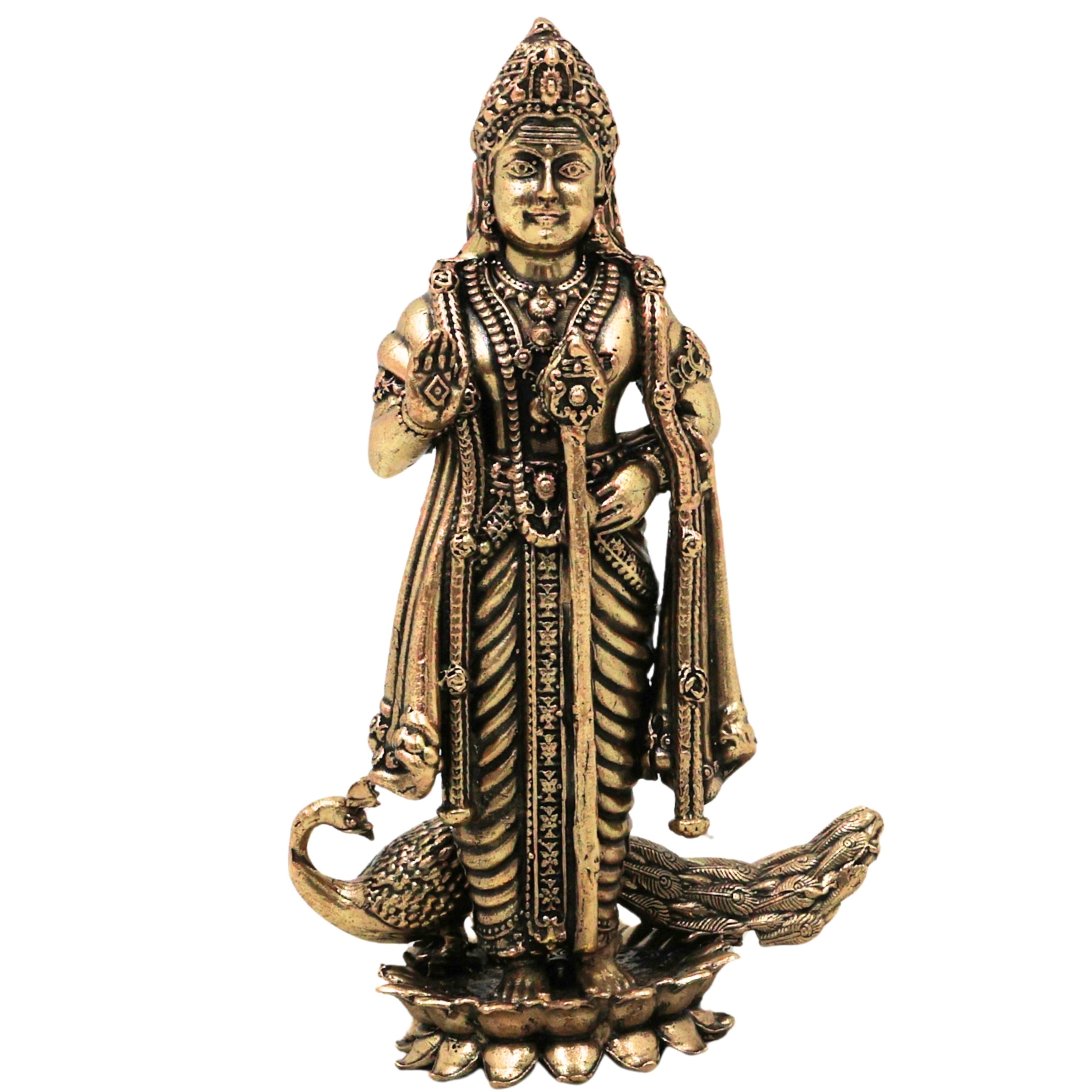 Brass Murugan Idol Kartikeya Skanda Subramanya Shanmukha Arumugam Saravana Vel Mayilvahanan Pital Peetal Murti for Puja Mandir Home Decor, Gold, 4.5 Inch, 1 Piece