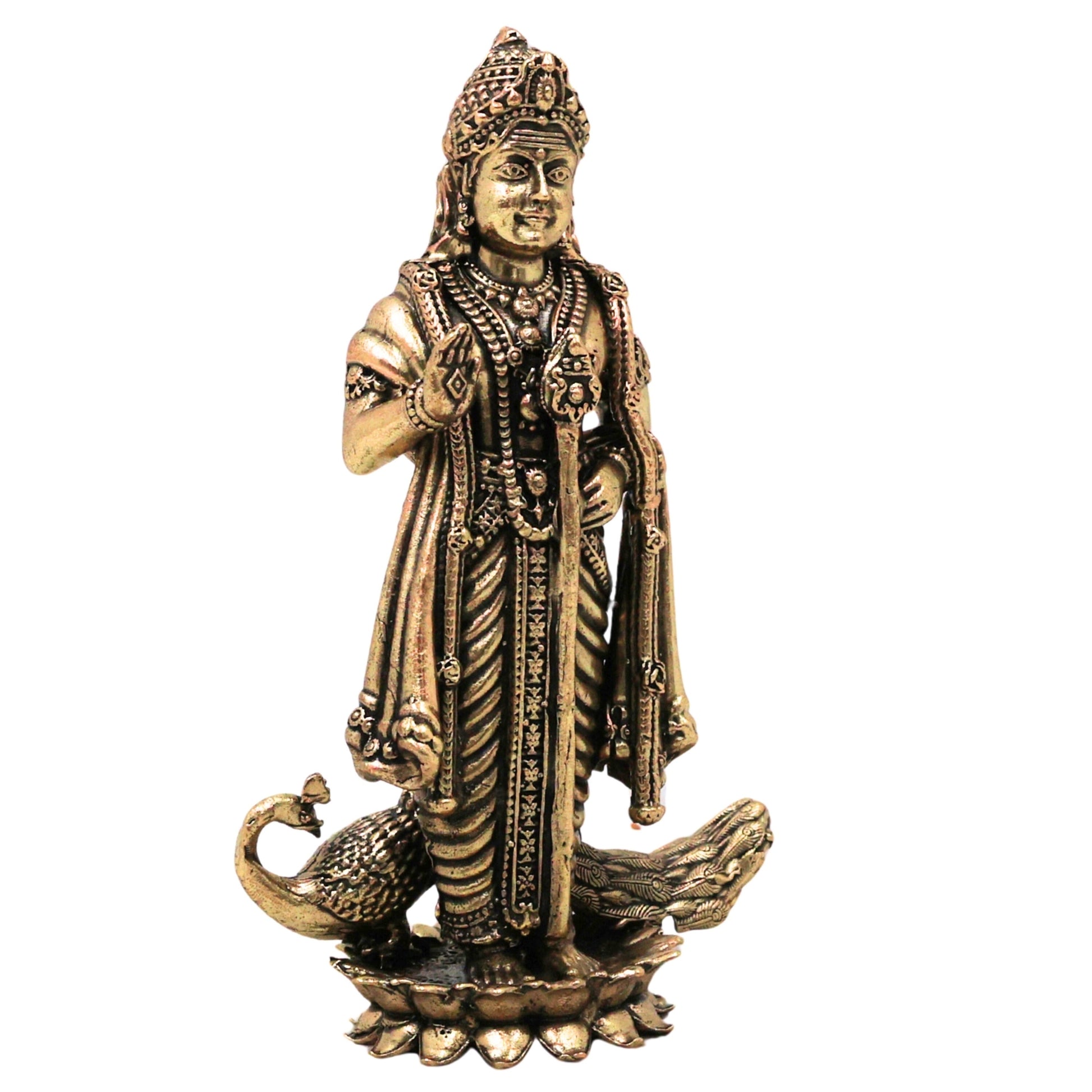Brass Murugan Idol Kartikeya Skanda Subramanya Shanmukha Arumugam Saravana Vel Mayilvahanan Pital Peetal Murti for Puja Mandir Home Decor, Gold, 4.5 Inch, 1 Piece