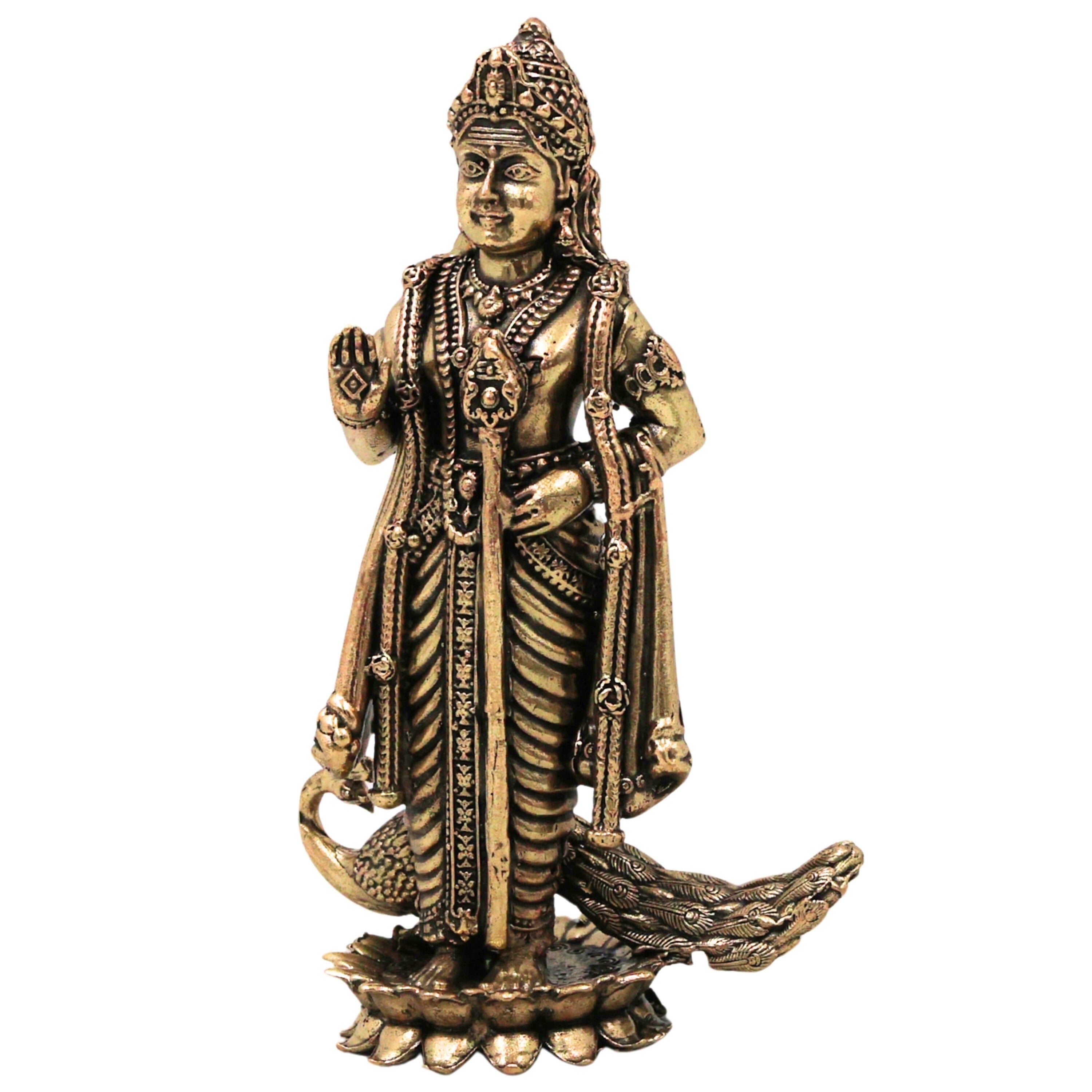 Brass Murugan Idol Kartikeya Skanda Subramanya Shanmukha Arumugam Saravana Vel Mayilvahanan Pital Peetal Murti for Puja Mandir Home Decor, Gold, 4.5 Inch, 1 Piece