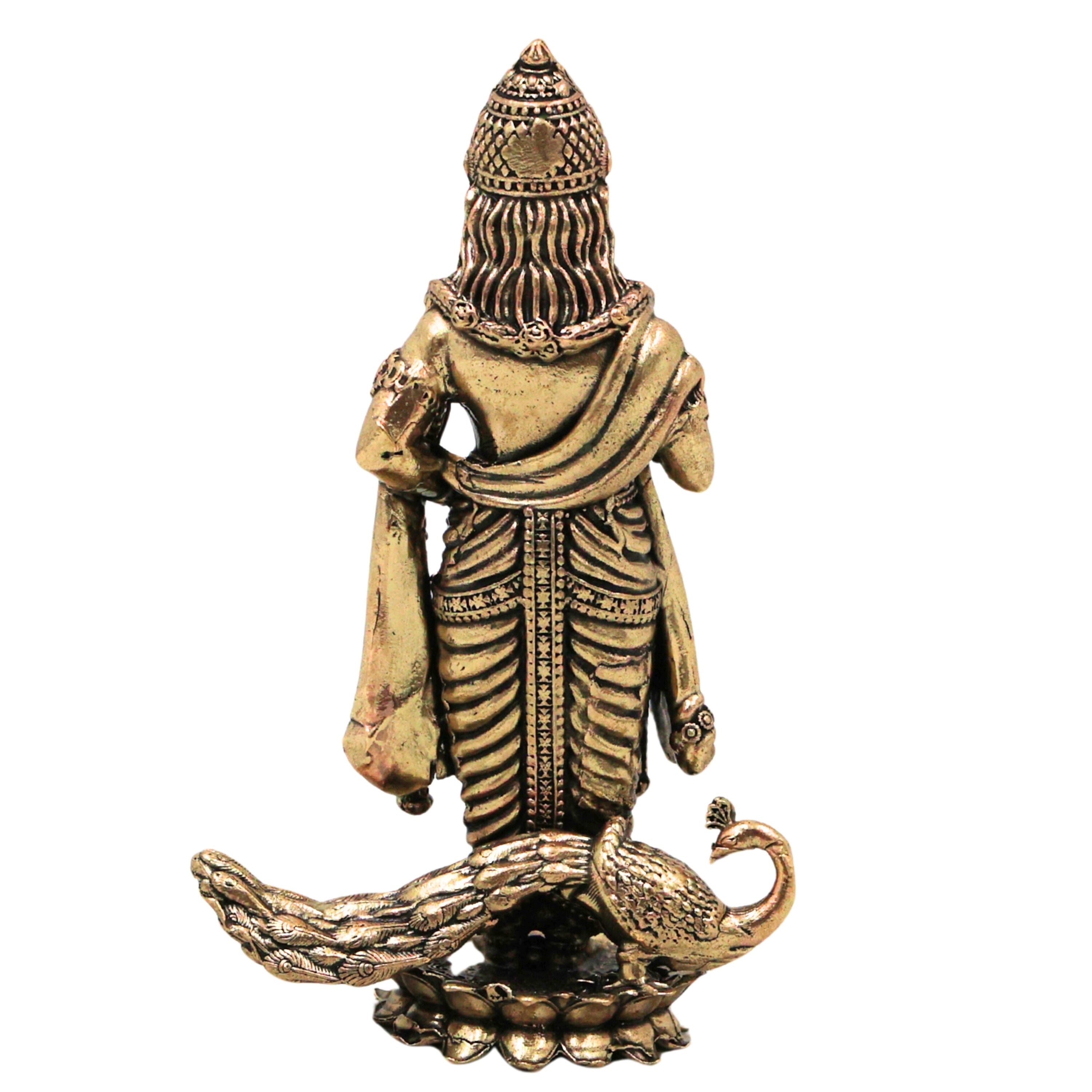 Brass Murugan Idol Kartikeya Skanda Subramanya Shanmukha Arumugam Saravana Vel Mayilvahanan Pital Peetal Murti for Puja Mandir Home Decor, Gold, 4.5 Inch, 1 Piece