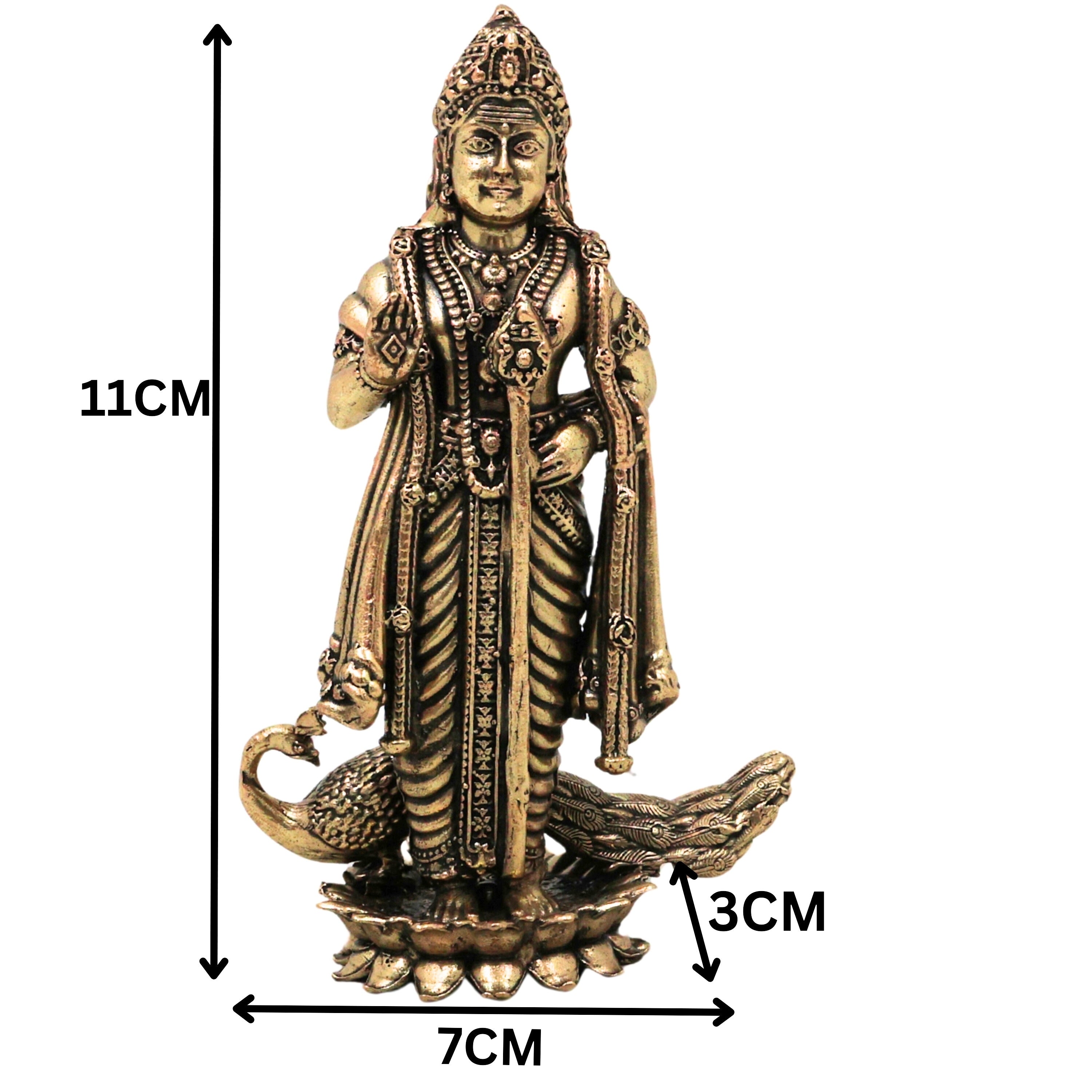 Brass Murugan Idol Kartikeya Skanda Subramanya Shanmukha Arumugam Saravana Vel Mayilvahanan Pital Peetal Murti for Puja Mandir Home Decor, Gold, 4.5 Inch, 1 Piece