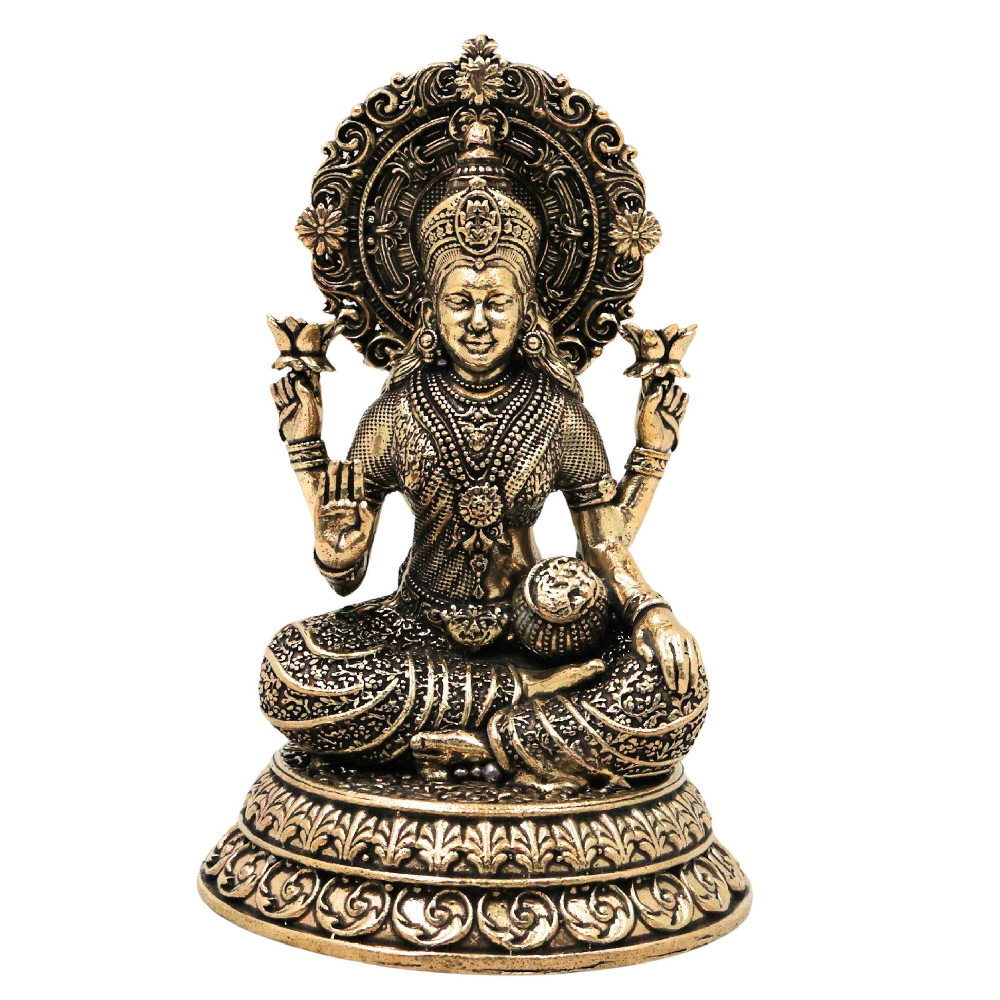 Brass Mahalakshmi Idol Sri Lakshmi Devi Murti Peetal Pital Vigraha Kamala Indira Ashtalakshmi Statue for Puja Mandir Home Decor Gift, Gold, 5.5 Inch, 1 Piece
