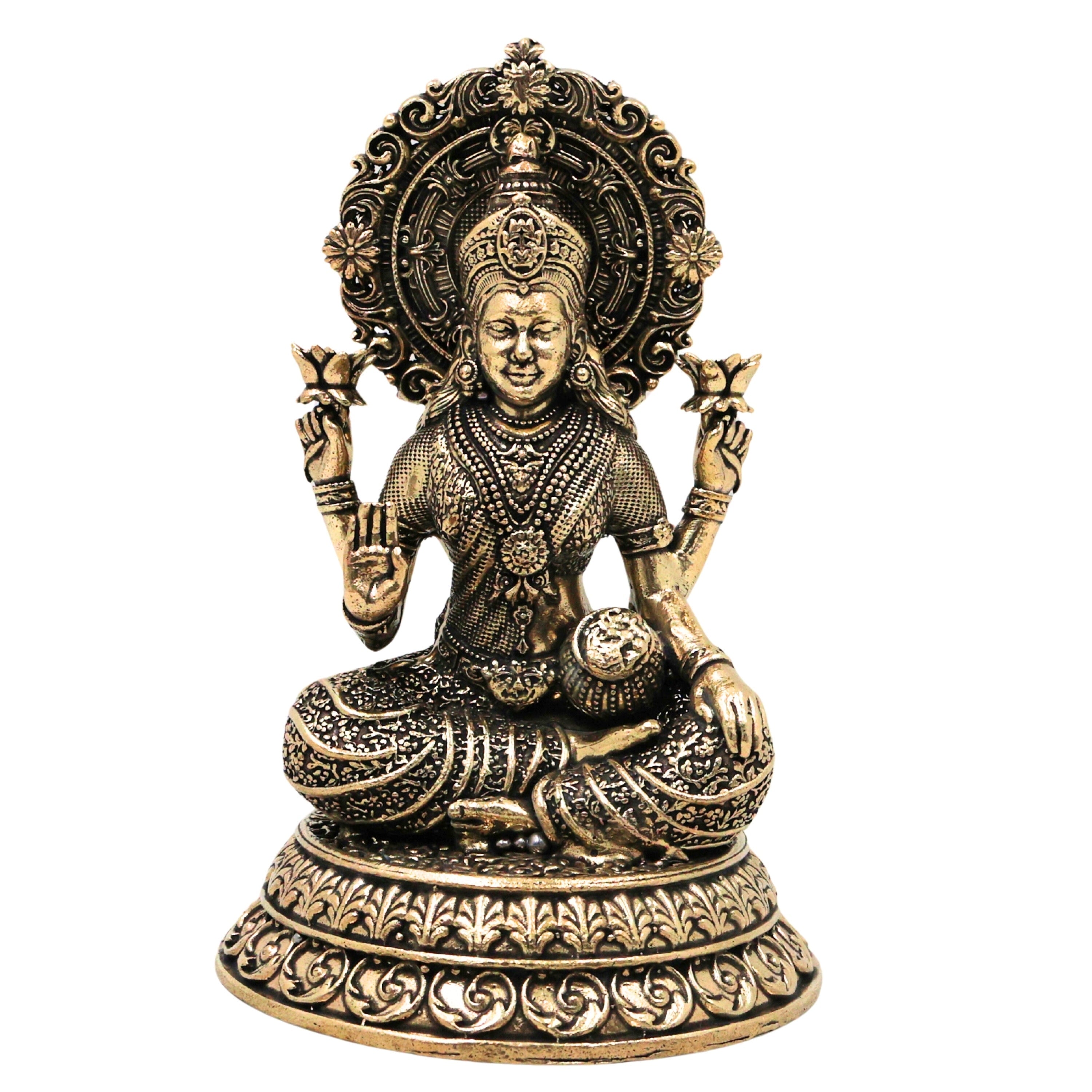 Brass Mahalakshmi Idol Sri Lakshmi Devi Murti Peetal Pital Vigraha Kamala Indira Ashtalakshmi Statue for Puja Mandir Home Decor Gift, Gold, 5.5 Inch, 1 Piece