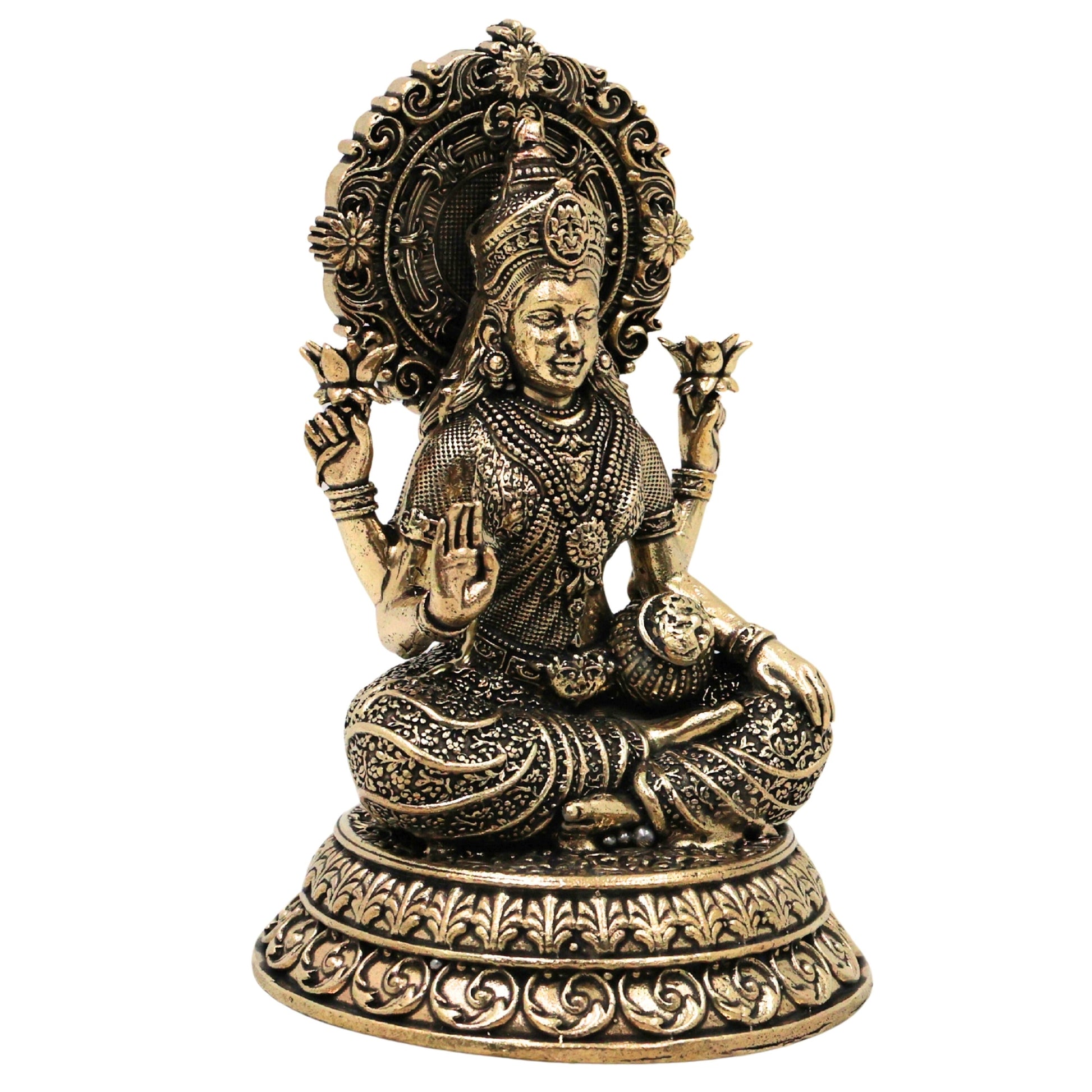 Brass Mahalakshmi Idol Sri Lakshmi Devi Murti Peetal Pital Vigraha Kamala Indira Ashtalakshmi Statue for Puja Mandir Home Decor Gift, Gold, 5.5 Inch, 1 Piece