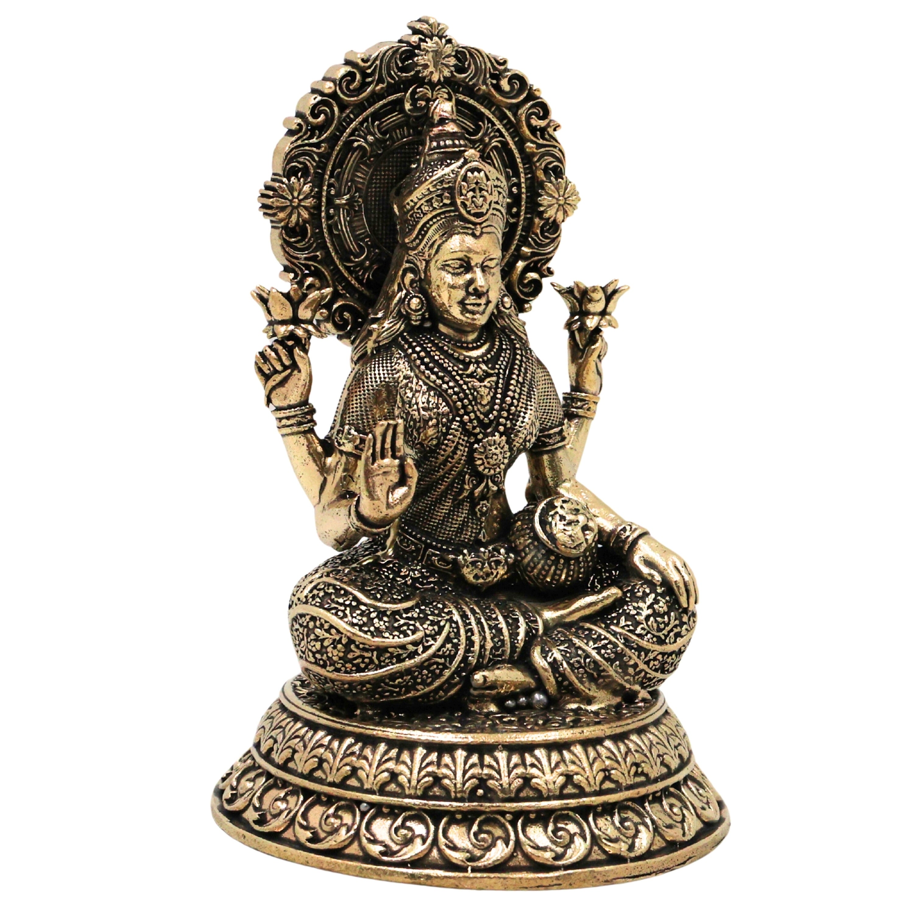 Brass Mahalakshmi Idol Sri Lakshmi Devi Murti Peetal Pital Vigraha Kamala Indira Ashtalakshmi Statue for Puja Mandir Home Decor Gift, Gold, 5.5 Inch, 1 Piece