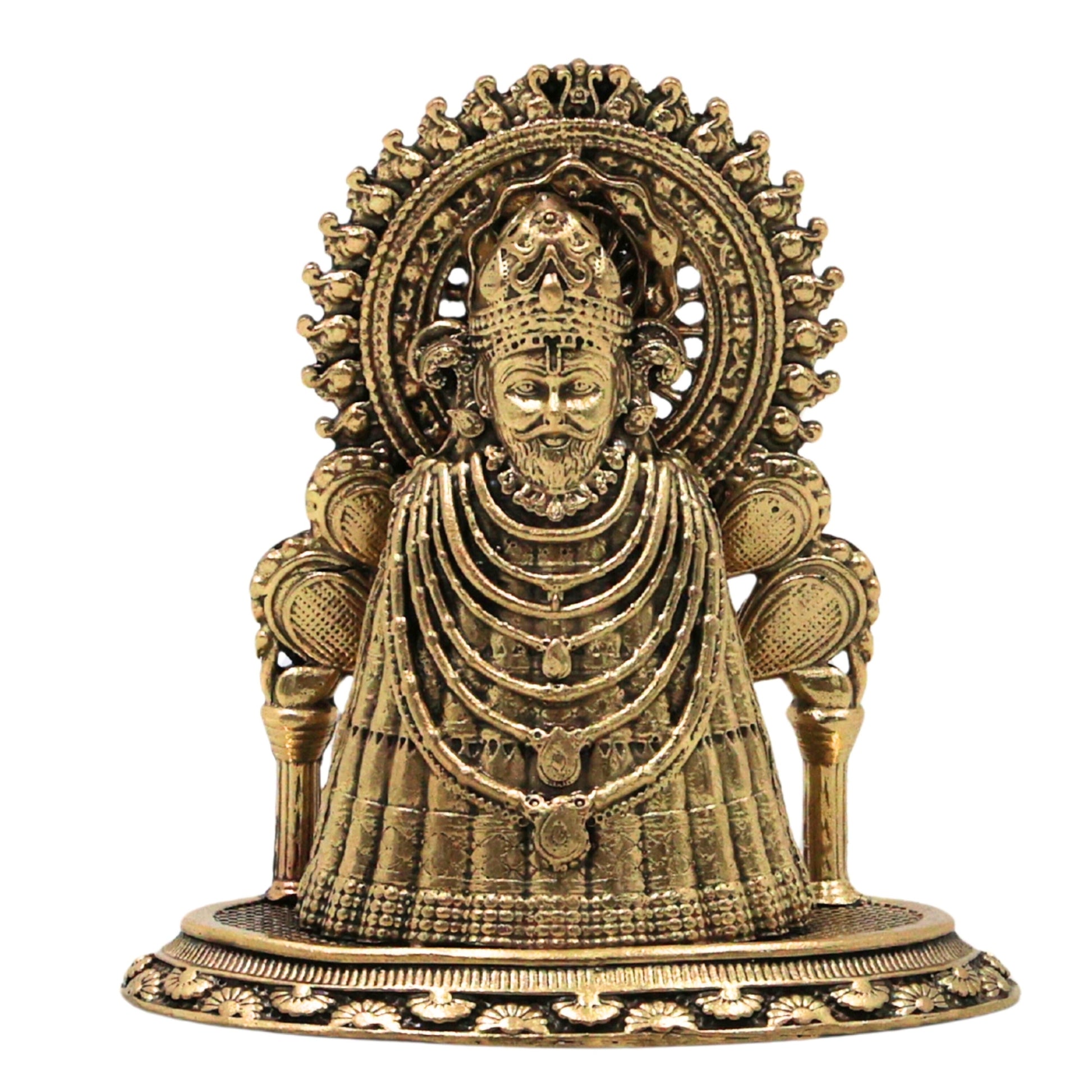 Brass Khatu Shyam Ji Idol Peetal Shyam Baba Murti Sheesh Ke Dani Teen Baan Dhaari Veer Barbarik Vigraha for Pooja Mandir Home Decor Gift, Gold, 3.5 Inch, 1 Piece