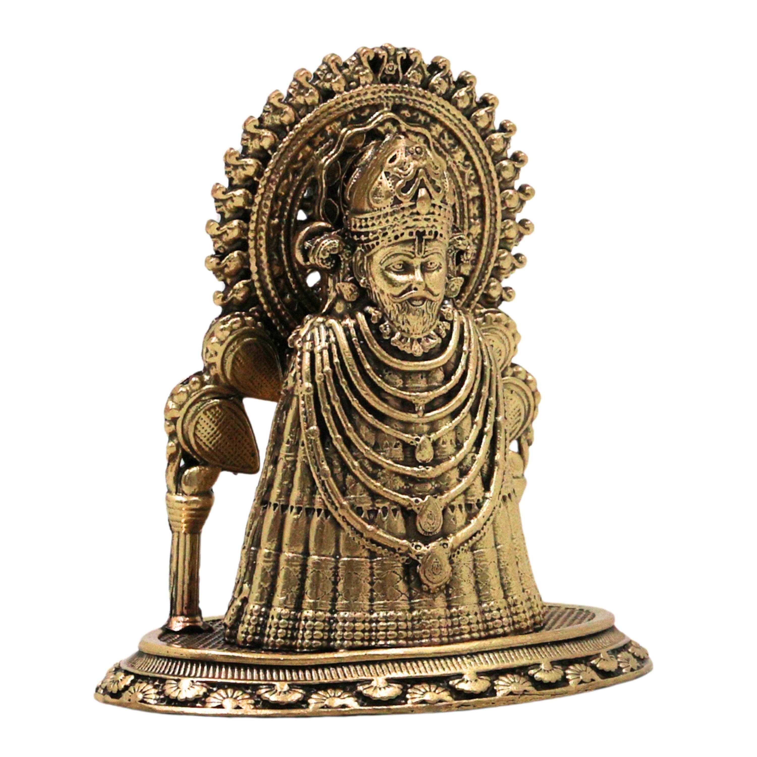 Brass Khatu Shyam Ji Idol Peetal Shyam Baba Murti Sheesh Ke Dani Teen Baan Dhaari Veer Barbarik Vigraha for Pooja Mandir Home Decor Gift, Gold, 3.5 Inch, 1 Piece
