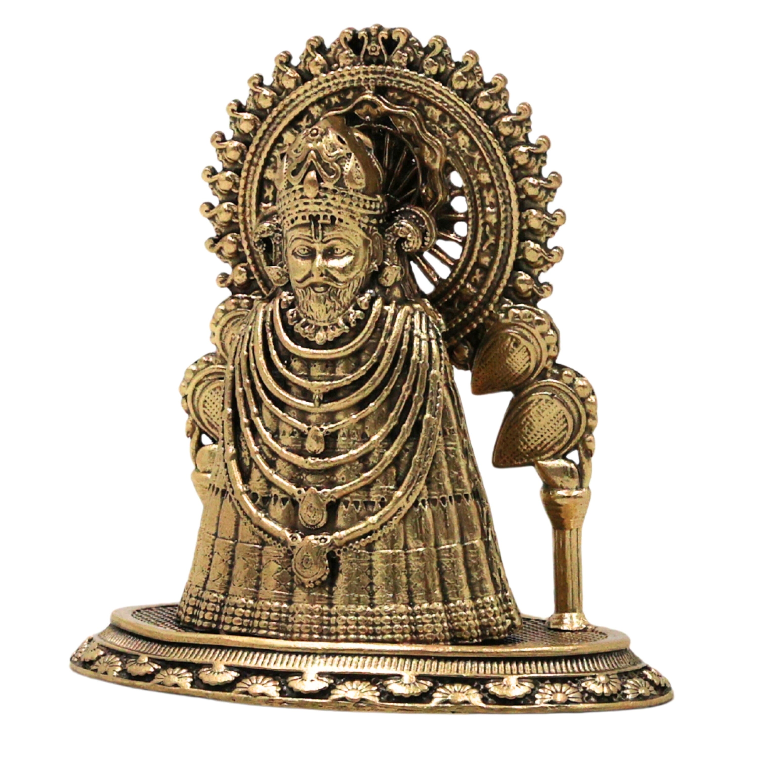 Brass Khatu Shyam Ji Idol Peetal Shyam Baba Murti Sheesh Ke Dani Teen Baan Dhaari Veer Barbarik Vigraha for Pooja Mandir Home Decor Gift, Gold, 3.5 Inch, 1 Piece