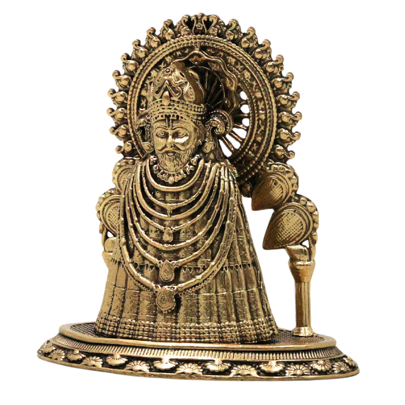 Brass Khatu Shyam Ji Idol Peetal Shyam Baba Murti Sheesh Ke Dani Teen Baan Dhaari Veer Barbarik Vigraha for Pooja Mandir Home Decor Gift, Gold, 3.5 Inch, 1 Piece