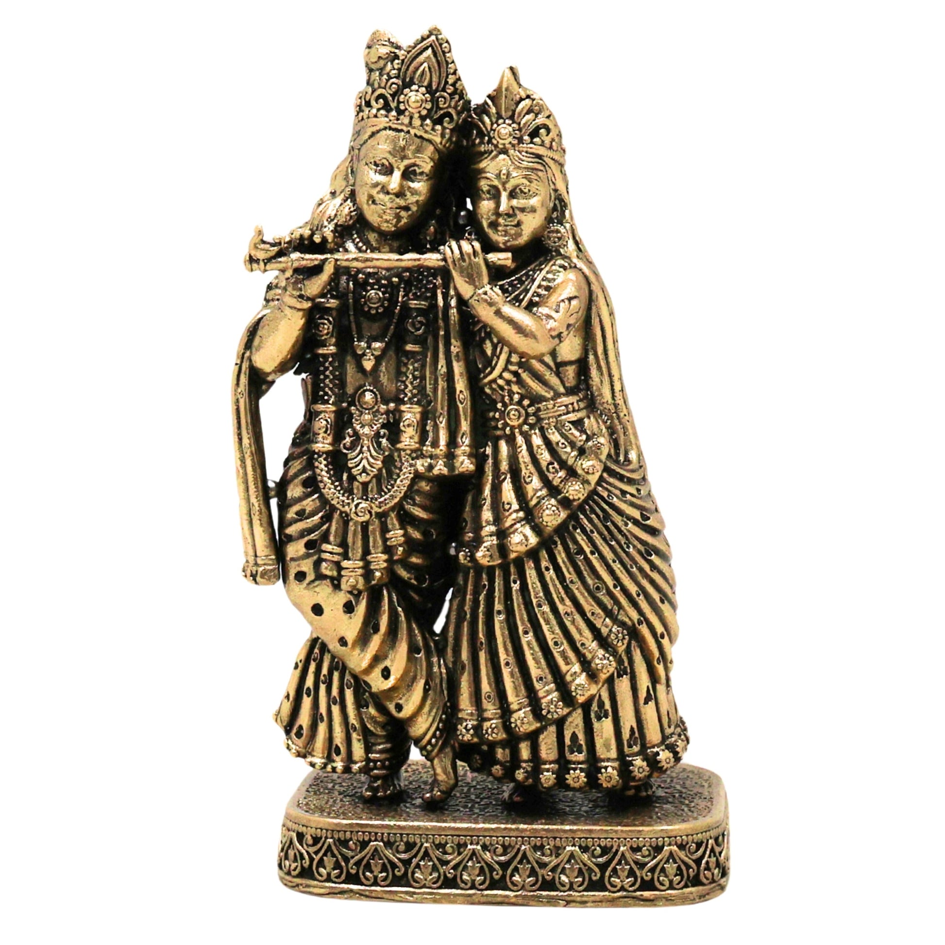 Brass Radha Krishna Idol Peetal Radhe Shyam Murti Radha Madhav Govind Gopal Shyamsundar Vigraha for Home Pooja Decor Gift, Gold, 4.5 Inch, 1 Piece
