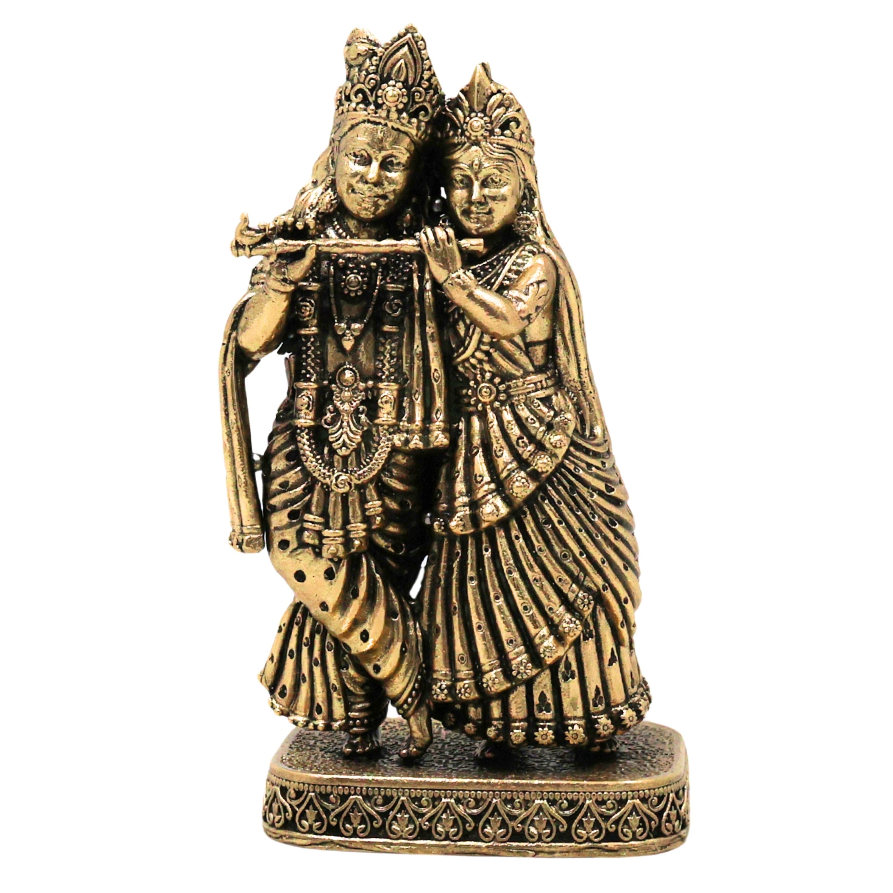 Brass Radha Krishna Idol Peetal Radhe Shyam Murti Radha Madhav Govind Gopal Shyamsundar Vigraha for Home Pooja Decor Gift, Gold, 4.5 Inch, 1 Piece