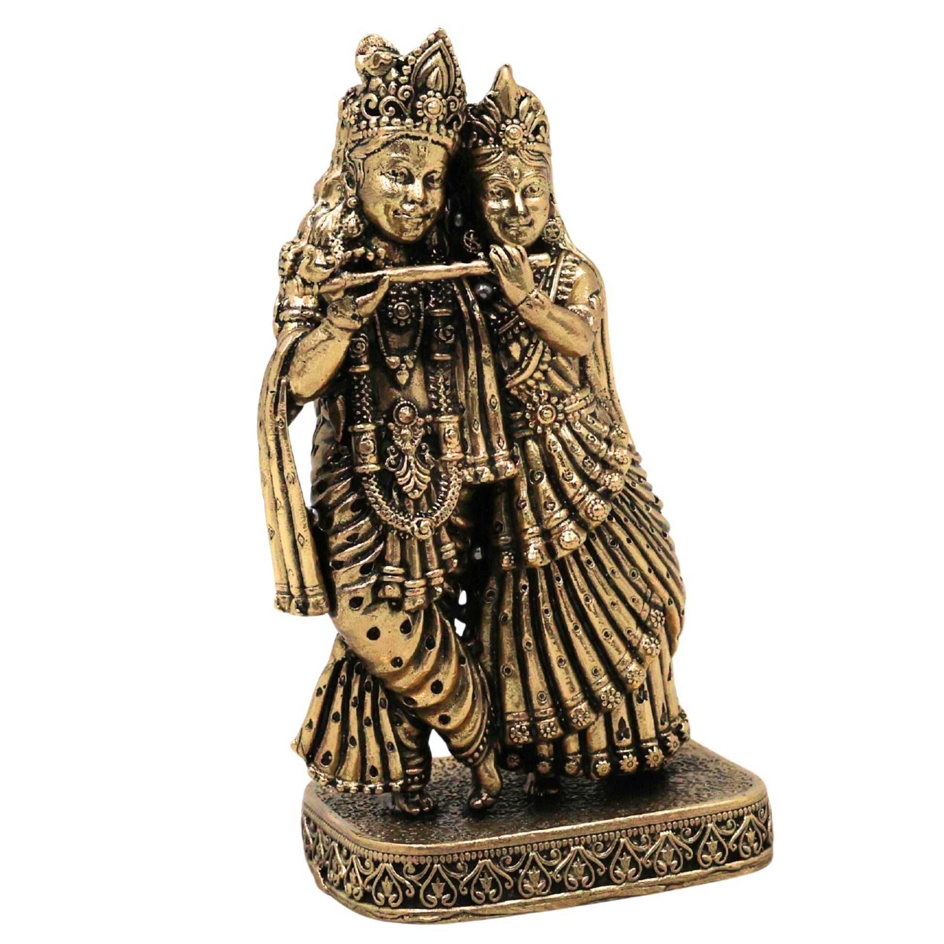 Brass Radha Krishna Idol Peetal Radhe Shyam Murti Radha Madhav Govind Gopal Shyamsundar Vigraha for Home Pooja Decor Gift, Gold, 4.5 Inch, 1 Piece