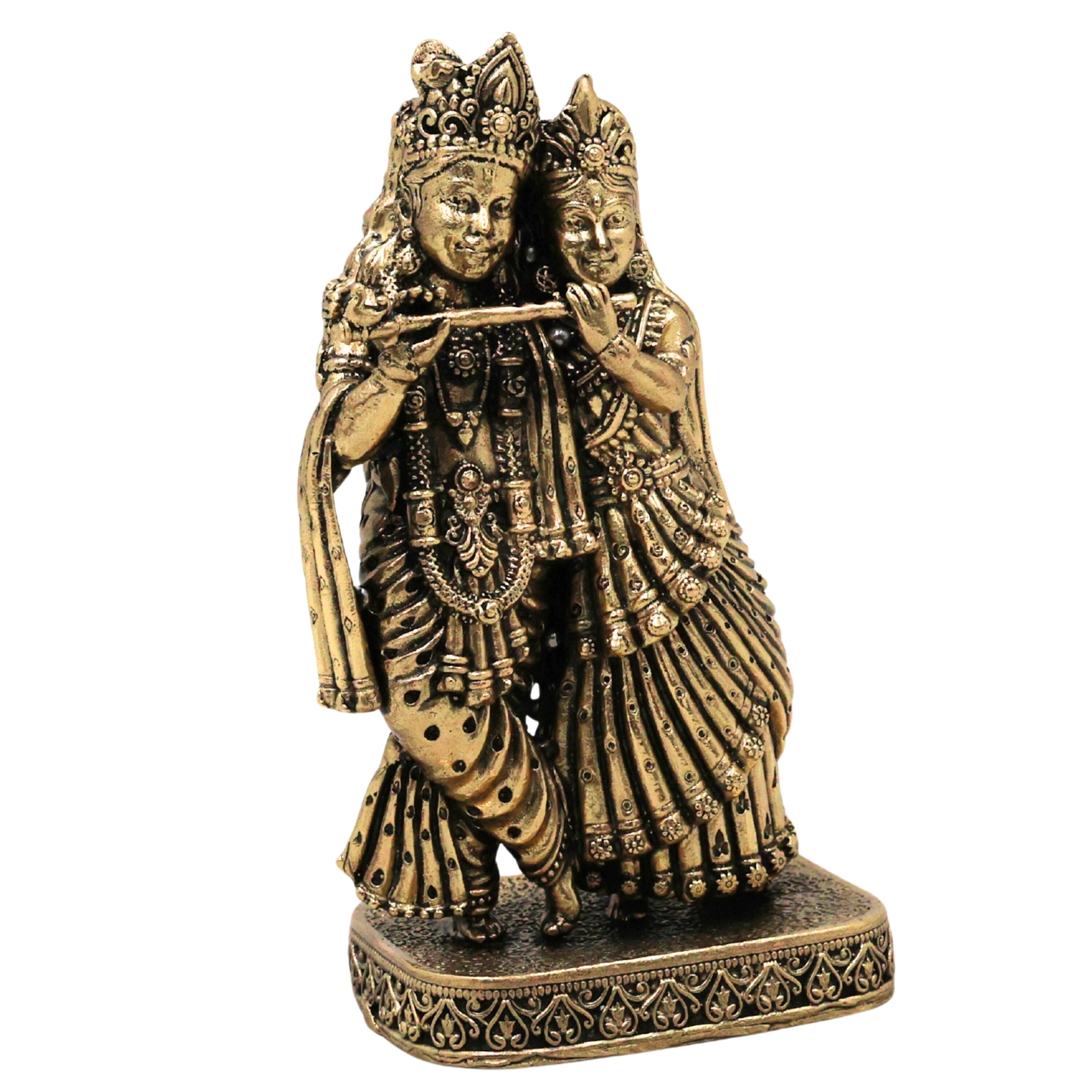Brass Radha Krishna Idol Peetal Radhe Shyam Murti Radha Madhav Govind Gopal Shyamsundar Vigraha for Home Pooja Decor Gift, Gold, 4.5 Inch, 1 Piece