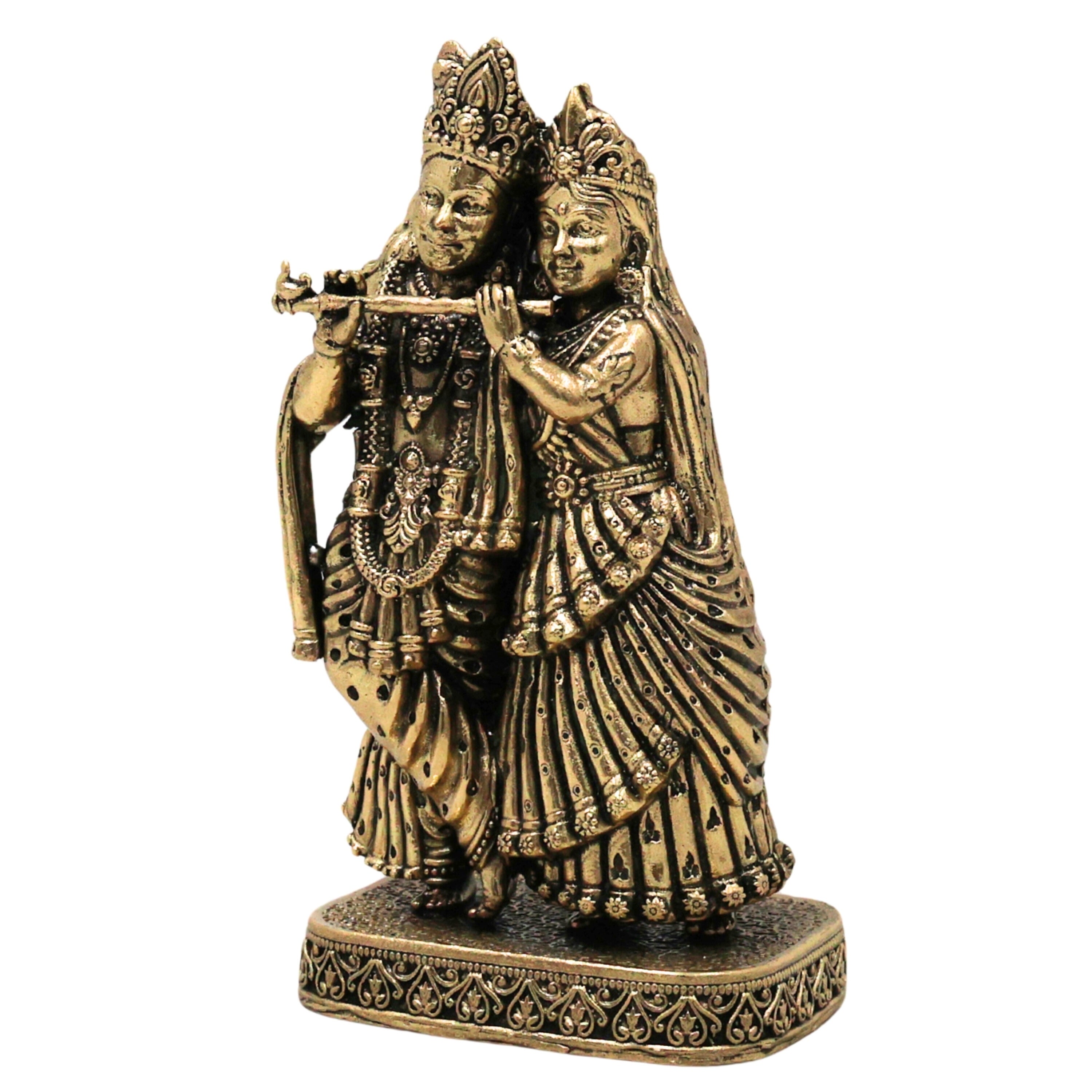 Brass Radha Krishna Idol Peetal Radhe Shyam Murti Radha Madhav Govind Gopal Shyamsundar Vigraha for Home Pooja Decor Gift, Gold, 4.5 Inch, 1 Piece