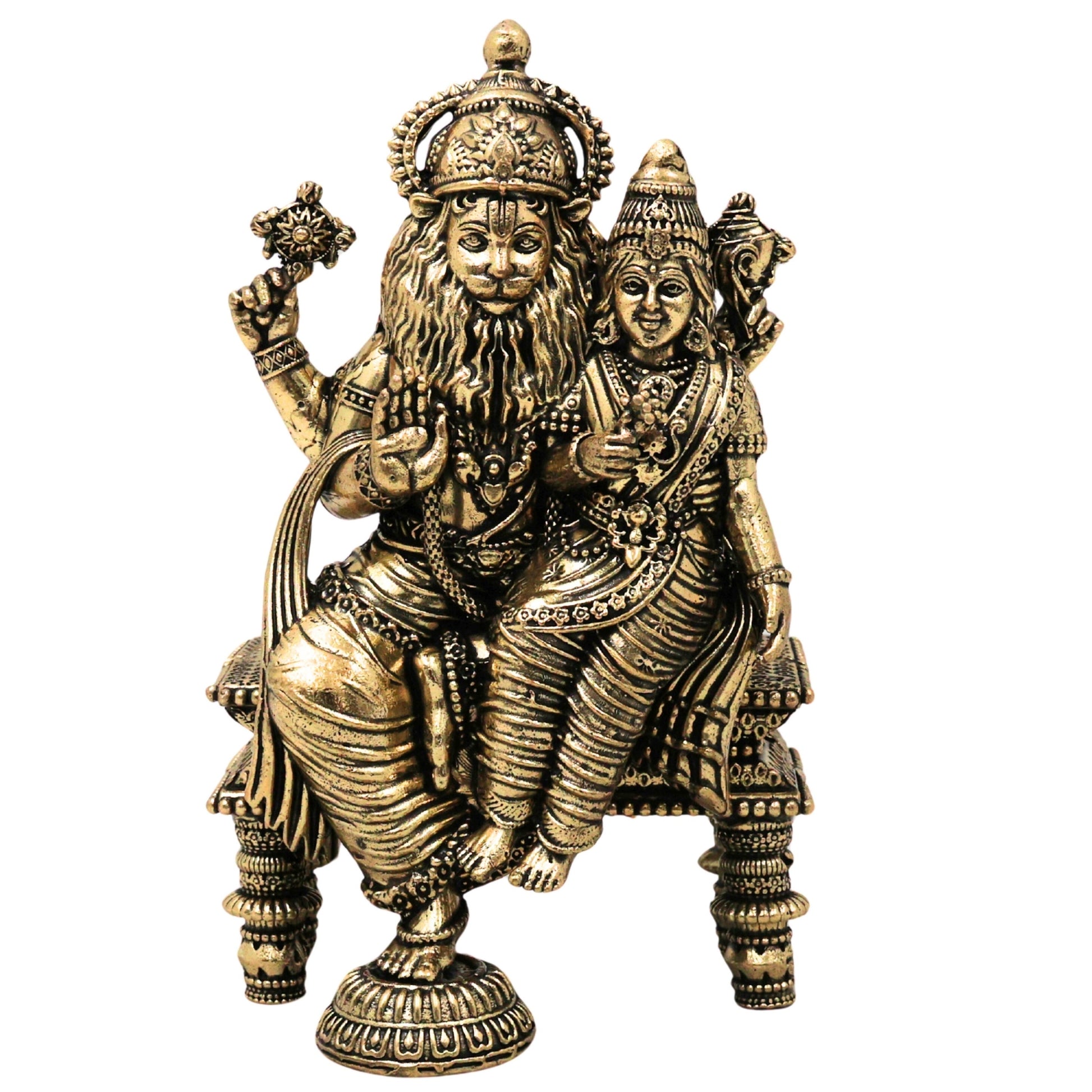 Brass Lakshmi Narasimha Idol Peetal Lakshmi Nrusimha Swamy Murti Narasingha Dev Vigraha Narasimhar Perumal Moorthi for Puja Home Decor, Gold, 5.5 Inch, 1 Piece