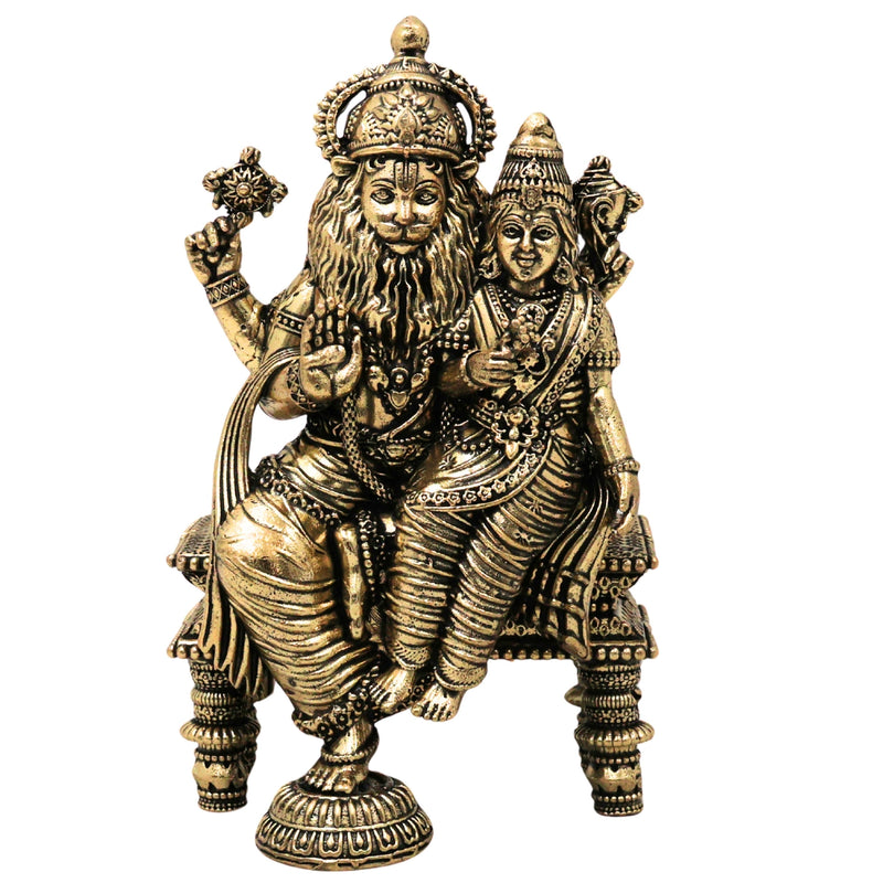 Brass Lakshmi Narasimha Idol Peetal Lakshmi Nrusimha Swamy Murti Narasingha Dev Vigraha Narasimhar Perumal Moorthi for Puja Home Decor, Gold, 5.5 Inch, 1 Piece