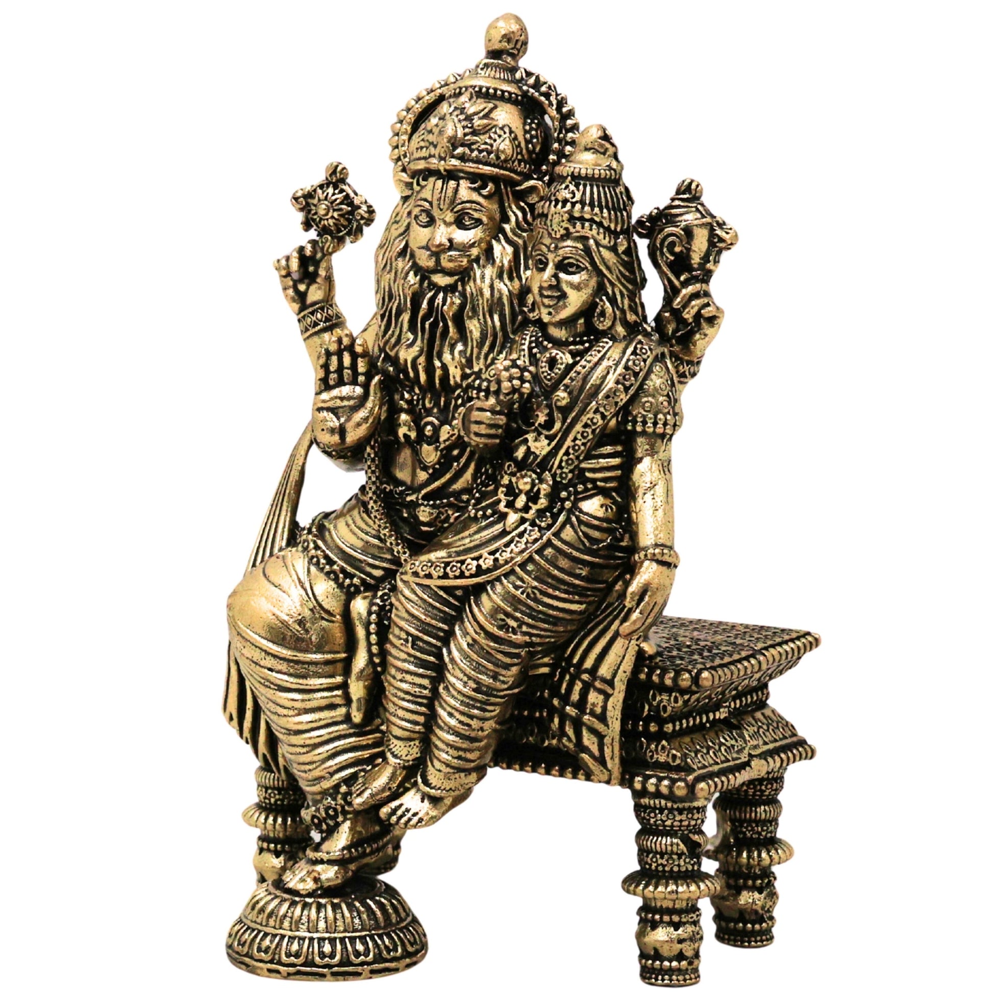 Brass Lakshmi Narasimha Idol Peetal Lakshmi Nrusimha Swamy Murti Narasingha Dev Vigraha Narasimhar Perumal Moorthi for Puja Home Decor, Gold, 5.5 Inch, 1 Piece