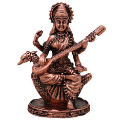 Copper Saraswati Idol Tamra Murti Sharada Vagdevi Vidya Bharati Kalaivani Hamsavahini Veena Pustaka Dharini Statue for Puja Decor, Brown, 2.5 Inch, 1 Piece