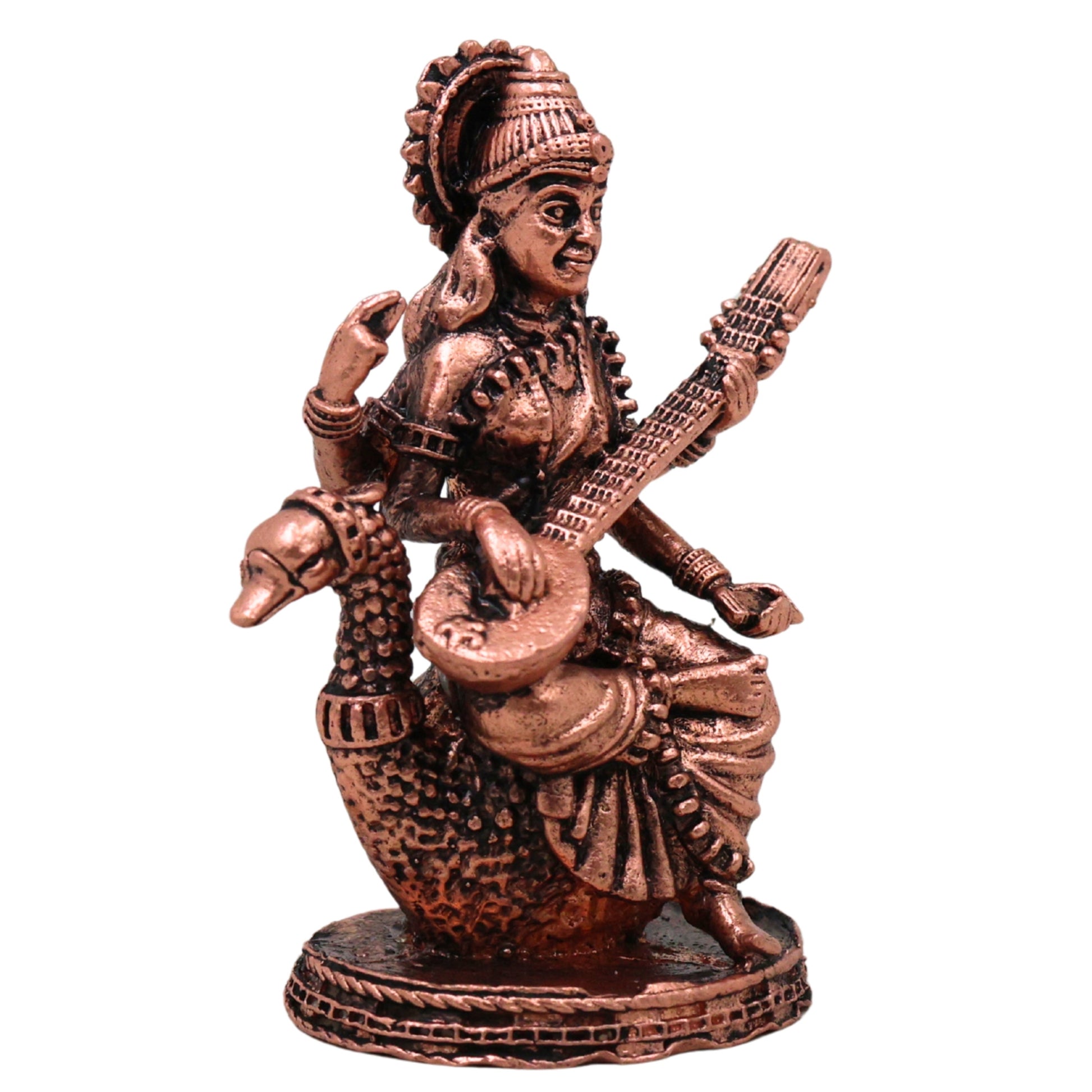 Copper Saraswati Idol Tamra Murti Sharada Vagdevi Vidya Bharati Kalaivani Hamsavahini Veena Pustaka Dharini Statue for Puja Decor, Brown, 2.5 Inch, 1 Piece