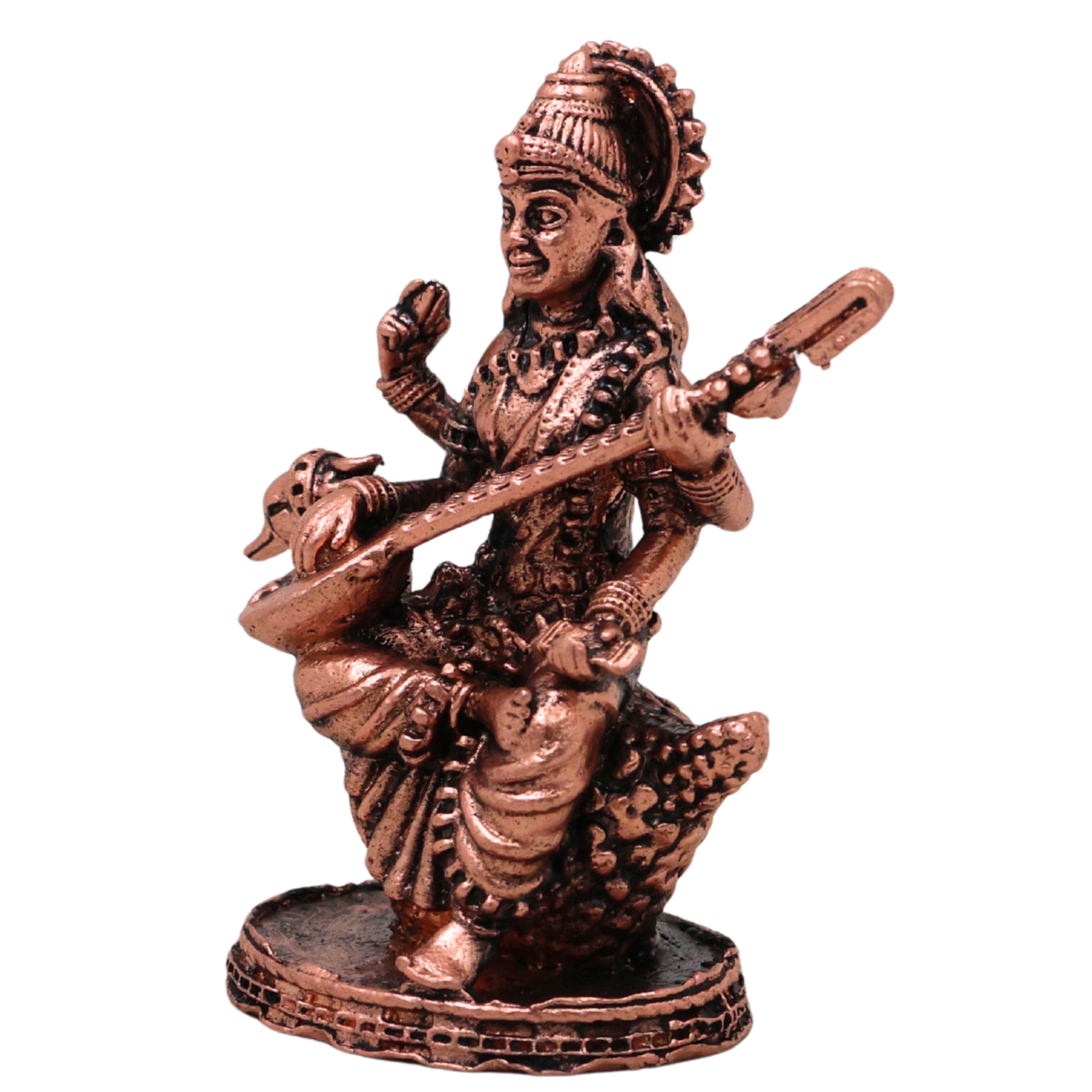 Copper Saraswati Idol Tamra Murti Sharada Vagdevi Vidya Bharati Kalaivani Hamsavahini Veena Pustaka Dharini Statue for Puja Decor, Brown, 2.5 Inch, 1 Piece