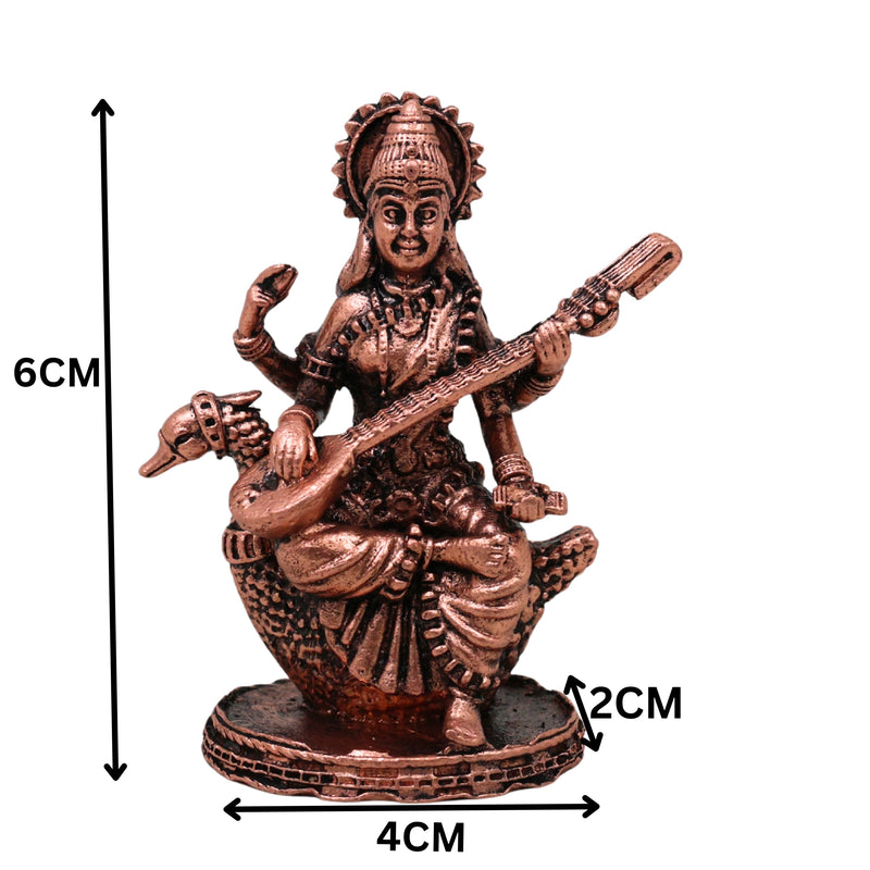 Copper Saraswati Idol Tamra Murti Sharada Vagdevi Vidya Bharati Kalaivani Hamsavahini Veena Pustaka Dharini Statue for Puja Decor, Brown, 2.5 Inch, 1 Piece