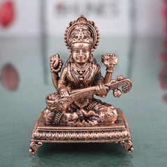 Copper Saraswati Idol Tamra Murti Maa Sharada Devi Vagdevi Vidya Saraswati Hamsavahini Veena Pustaka Dharini Statue for Puja Decor Gift, Brown, 3 Inch, 1 Piece