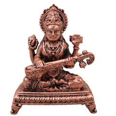 Copper Saraswati Idol Tamra Murti Maa Sharada Devi Vagdevi Vidya Saraswati Hamsavahini Veena Pustaka Dharini Statue for Puja Decor Gift, Brown, 3 Inch, 1 Piece