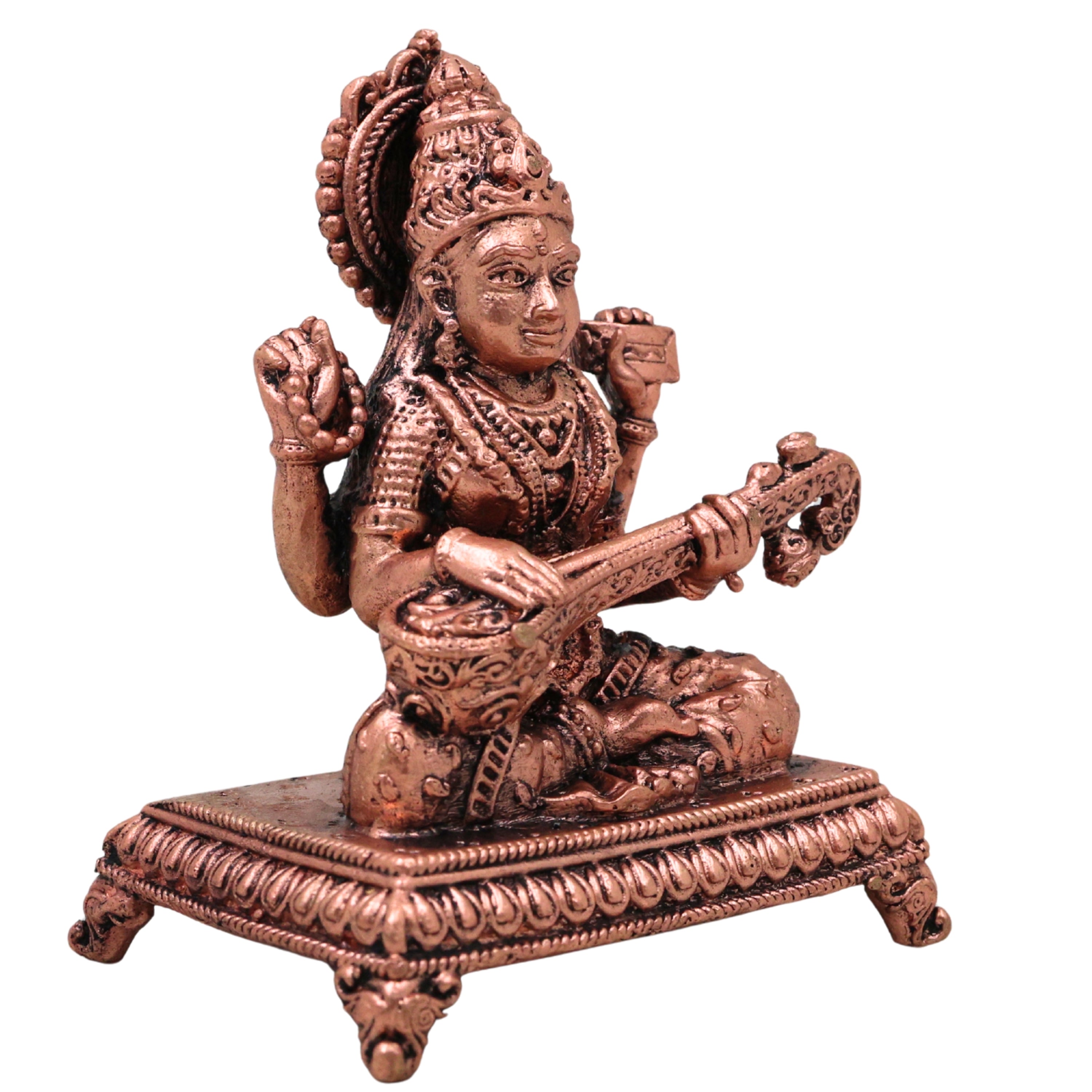 Copper Saraswati Idol Tamra Murti Maa Sharada Devi Vagdevi Vidya Saraswati Hamsavahini Veena Pustaka Dharini Statue for Puja Decor Gift, Brown, 3 Inch, 1 Piece