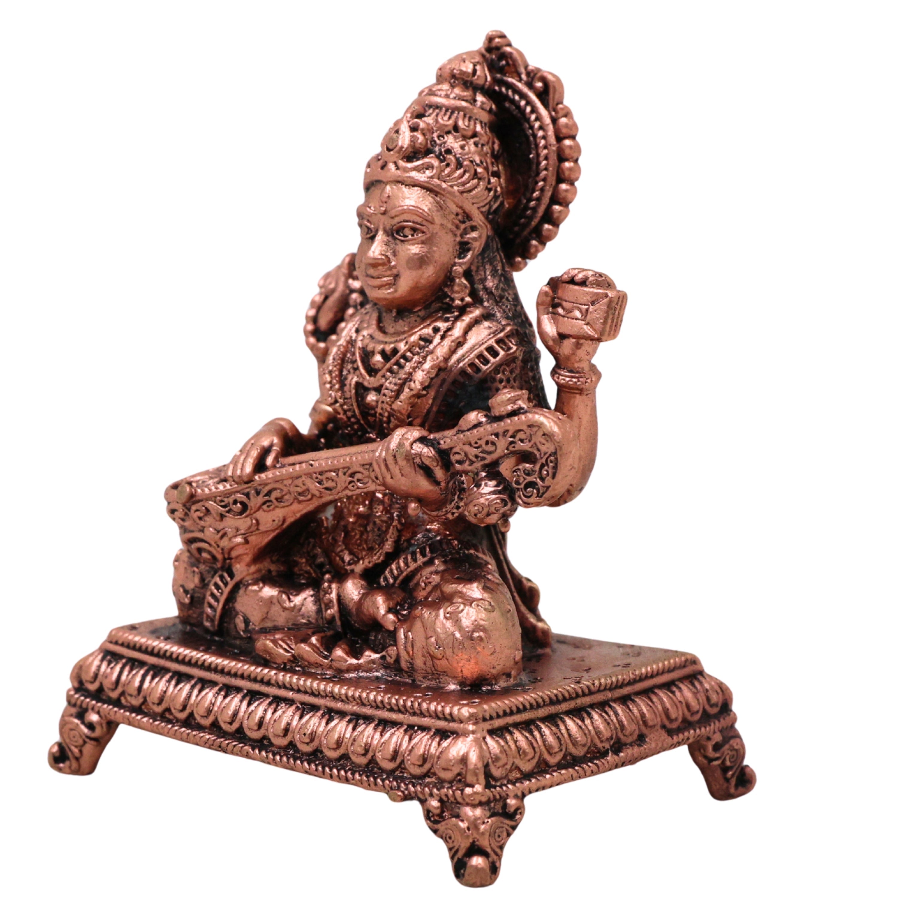 Copper Saraswati Idol Tamra Murti Maa Sharada Devi Vagdevi Vidya Saraswati Hamsavahini Veena Pustaka Dharini Statue for Puja Decor Gift, Brown, 3 Inch, 1 Piece