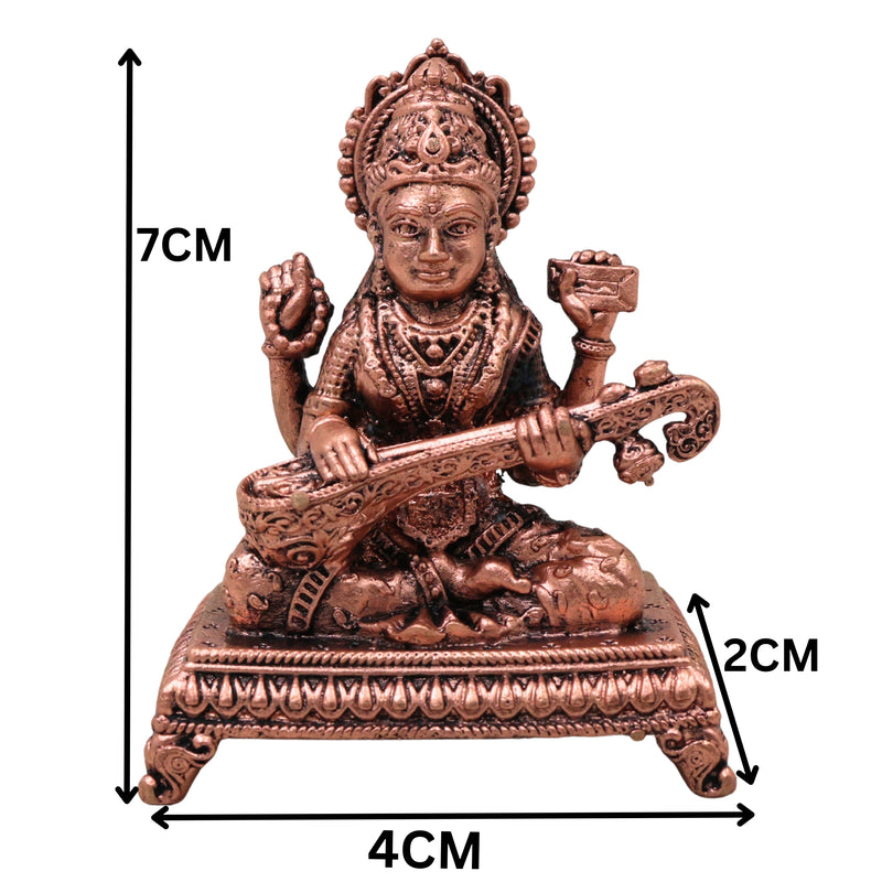 Copper Saraswati Idol Tamra Murti Maa Sharada Devi Vagdevi Vidya Saraswati Hamsavahini Veena Pustaka Dharini Statue for Puja Decor Gift, Brown, 3 Inch, 1 Piece