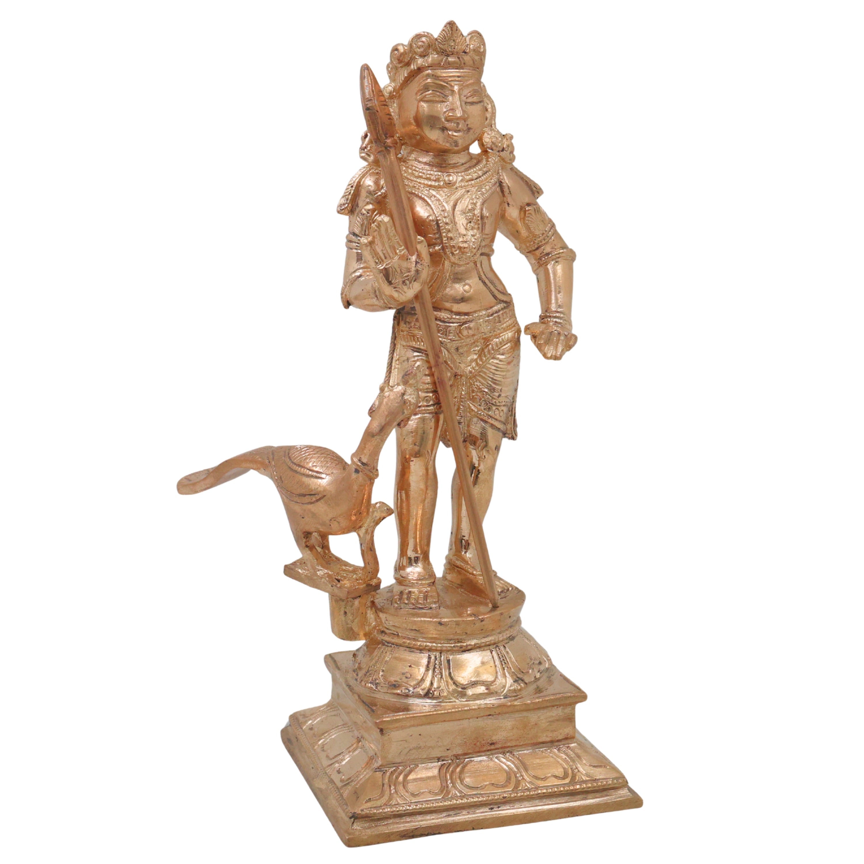 Murugan Kartikeya Subrahmanya Shanmukha Swaminatha Palani Andavar Vel Murugan Panchaloha Panchadhatu Bronze Murti Skanda Kumara Senthil Arumuga Handmade Chola Art South India Idol Statue, Gold, 8.5 Inch, 1 Piece